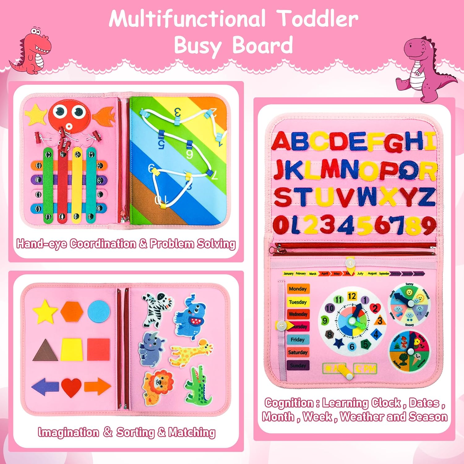 Busy Board Montessori Toys for Toddlers, 9 in 1 Busy Book Early Education Learning Travel Toy,Activity Sensory Board Book Preschool Toys for Boys Girls 1 2 3 4 Years Old (Pink Unicorn)