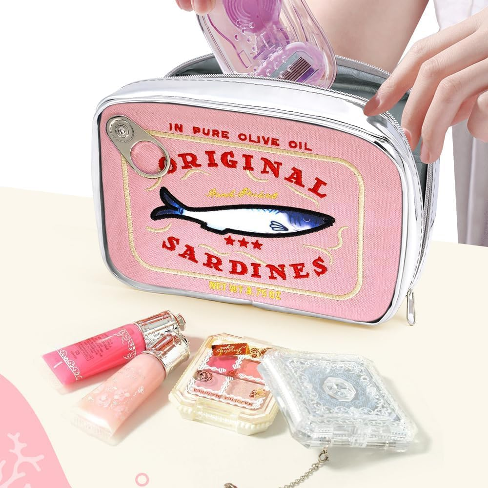 Canned Sardines Makeup Bag &ndash; Cute Kawaii Cosmetic Pouch, Funny Waterproof Travel Toiletry Bag for Women, Creative Fish Design Pencil Case Organizer (Blue) (Pink)