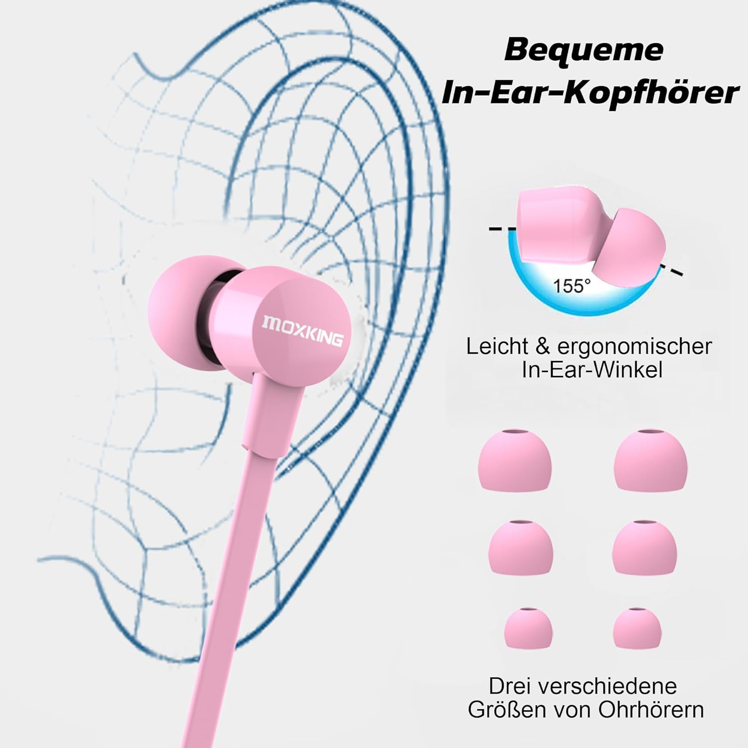 MOXKING In-Ear Headphones with Wired for Small Ears, Microphone & Volume Control, Flat Cable, Ideal for Women & Kids (Pink) image number 1