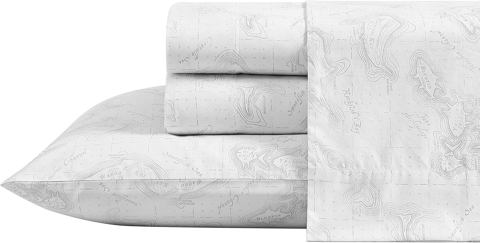 Eddie Bauer Home Sheets Cotton Percale Bedding Set, Crisp & Cool, Stylish Home Decor, Full, Fish ATOL White/Grey