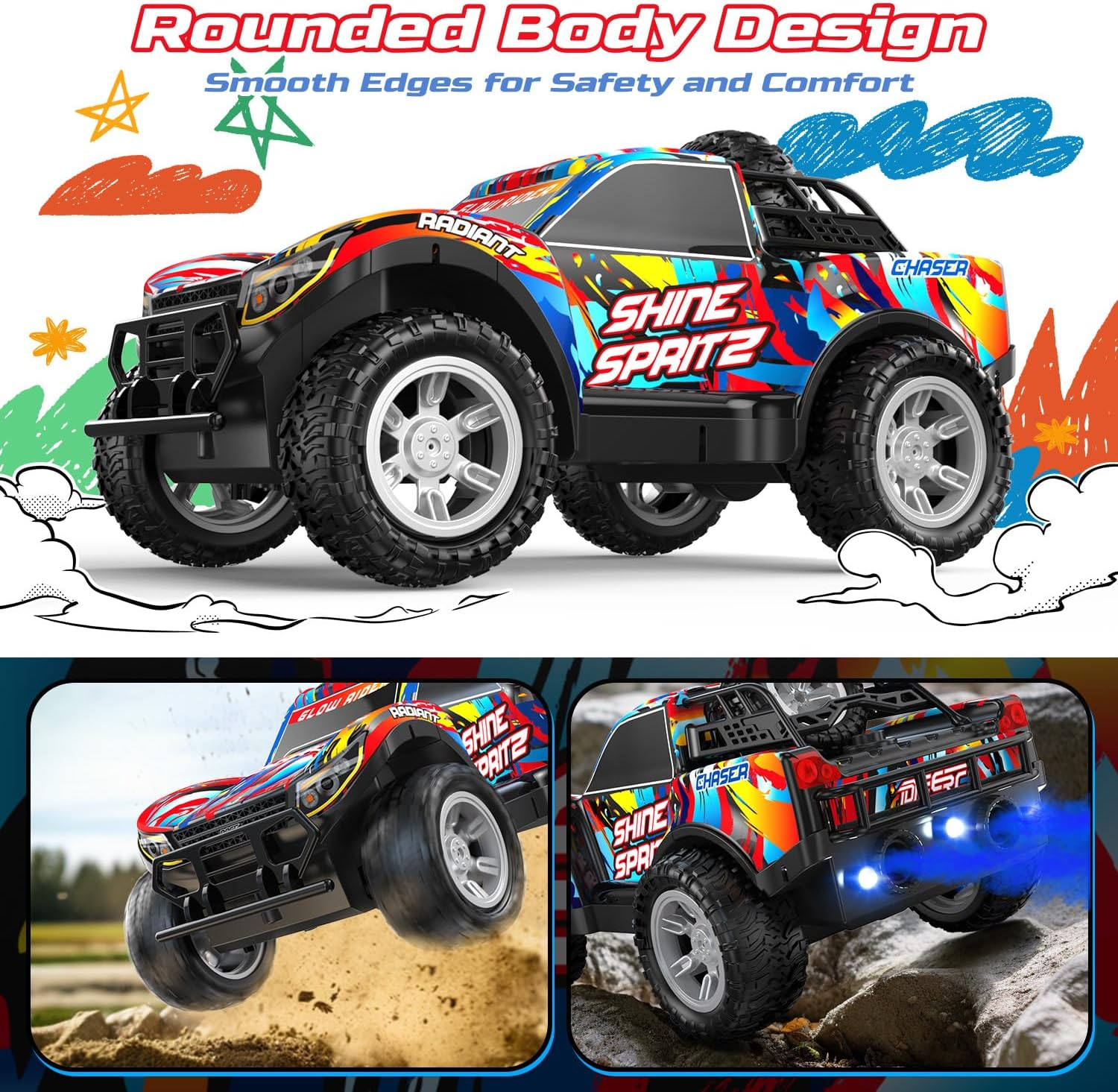 DEERC Remote Control Car for Boys & Girls Ages 4-8, Spray RC Truck with Music & Colorful LED Lights, 2.4Ghz All-Terrain Drift Vehicle, 2 Rechargeable Batteries, 40 Mins Playtime, Birthday Toy for Kids image number 5
