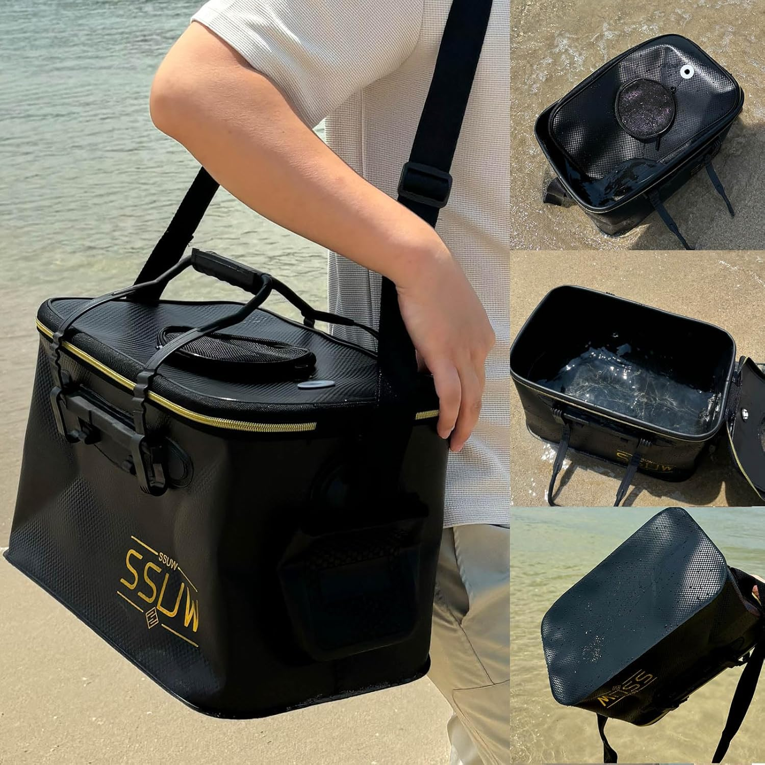 Reelfin Large Floating Fishing Basket Collapsible Multi-Functional Fish Live Lures Bucket Portable Net Quick-Drying Rubber Coated Bait Storage Cage for Minnows, Shrimp, Freshwater (Black Large) image number 3