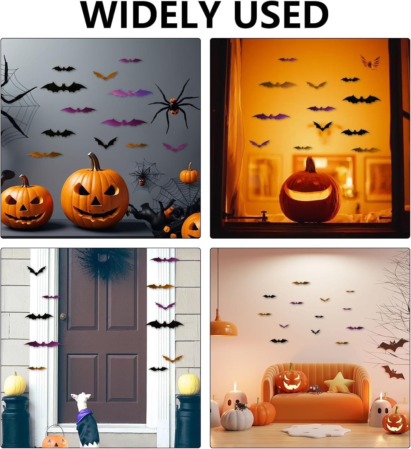 72 Pcs 3D Halloween Bats Wall Decor,Orange Purple Black Bat Decor,Scary Plastic Bat Wall Stickers for Home Windows Indoor Outdoor Porch Kitchen Bathroom Decor image number 5