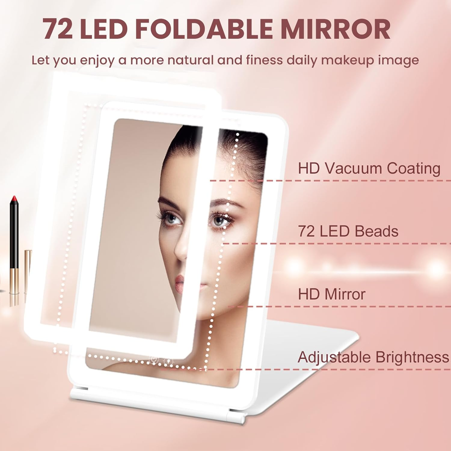 ROTOPATA Rechargeable Travel Makeup Mirror with 5X Magnification, Portable Lighted Travel Mirror with 72 Leds, 3 Color Lighting Foldable Compact Vanity Mirror with Dimmable Touch Screen image number 1