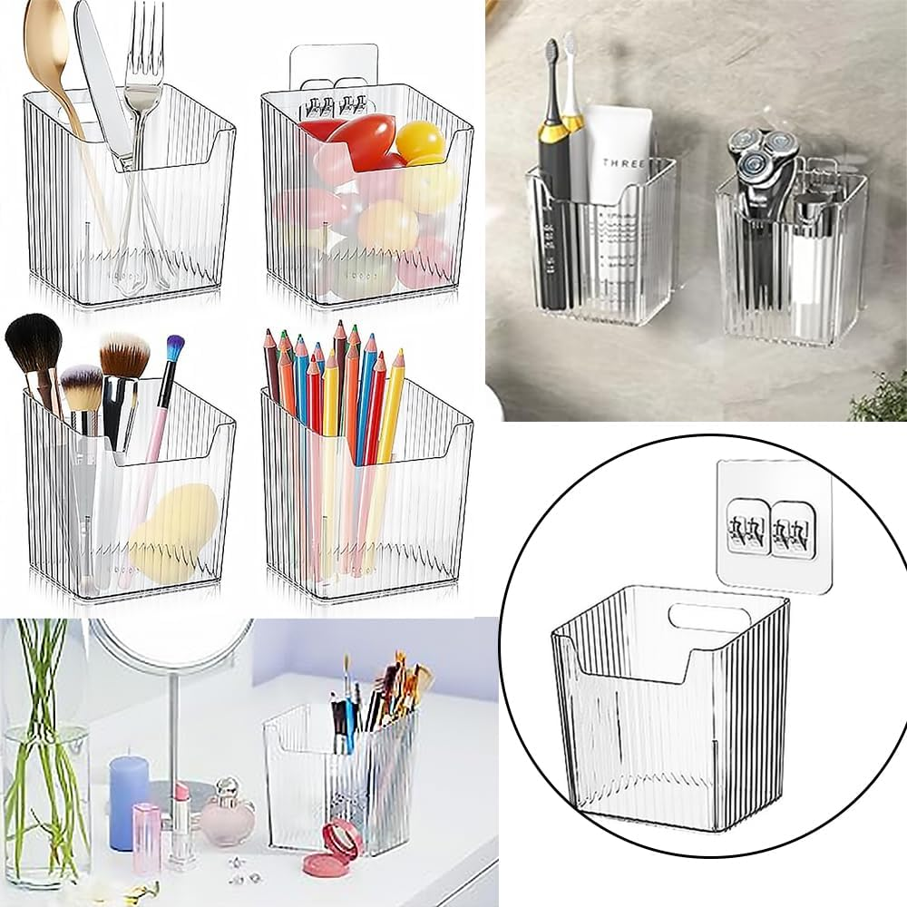 4 Pack Acrylic Wall Mount Organizer，Adhesive Cabinet Door Storage Bins，Clear Makeup Tool Containers，Stackable Organizer Basket for Kitchen，Bathroom，Cabinet，Pantry，Office (Take with No Trace Hooks) image number 3