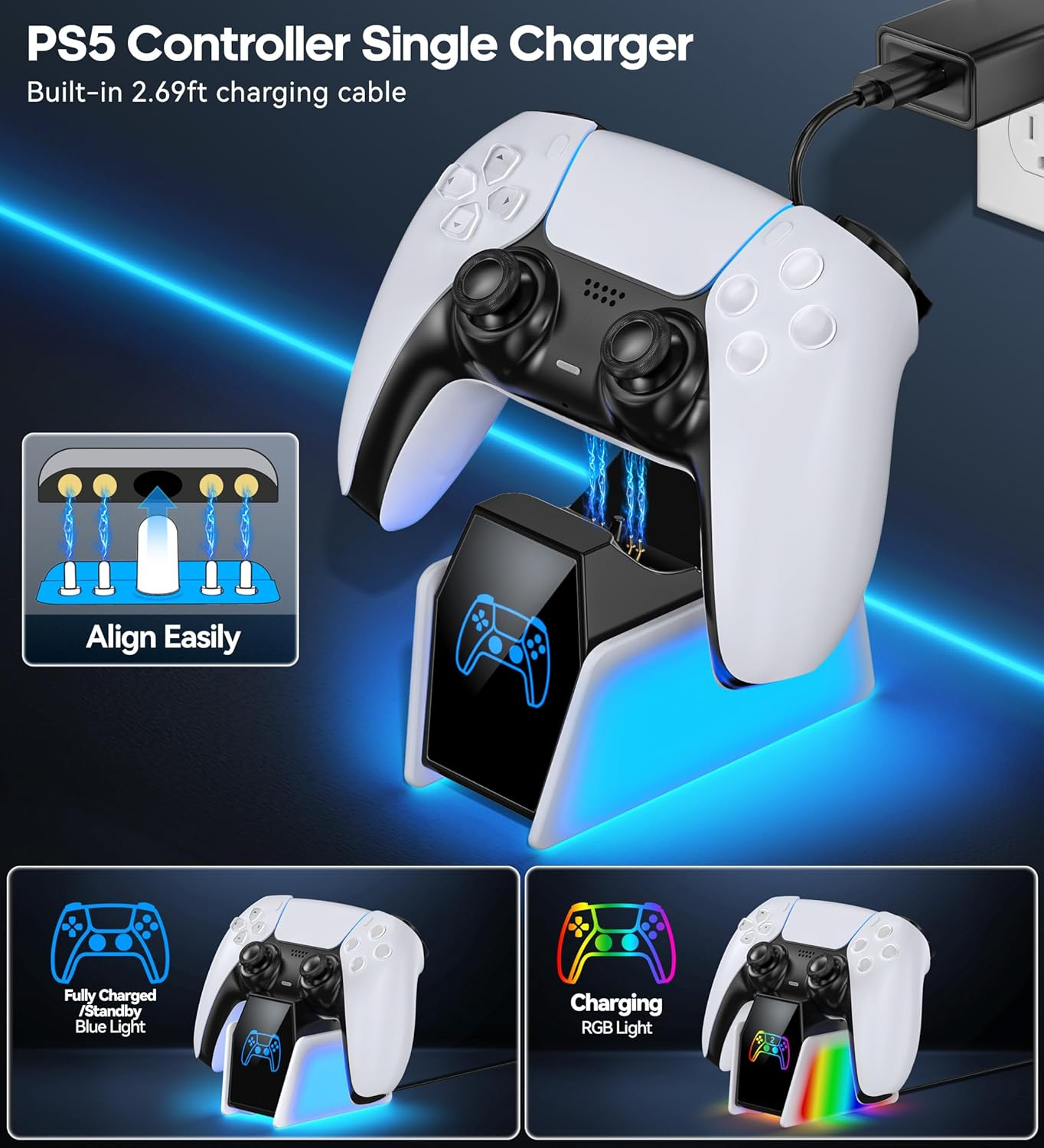 PS5 Controller Charger, Single PS5 Charging Station Compatible with Dualsense & Edge Controller, Solo Charger with LED Indicators, Fast PS 5 Charging Dock, PS5 Accessories image number 4