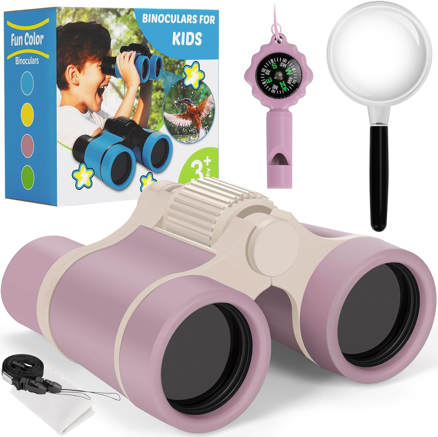 Binoculars for Children, Children'S Binoculars Toy for 3 4 5 6 7 8 Years Boys and Girls Set with Magnifying Glass & Compass - Birthday Gifts Outdoor Toy for Children Aged 3-8 Years (Pink)