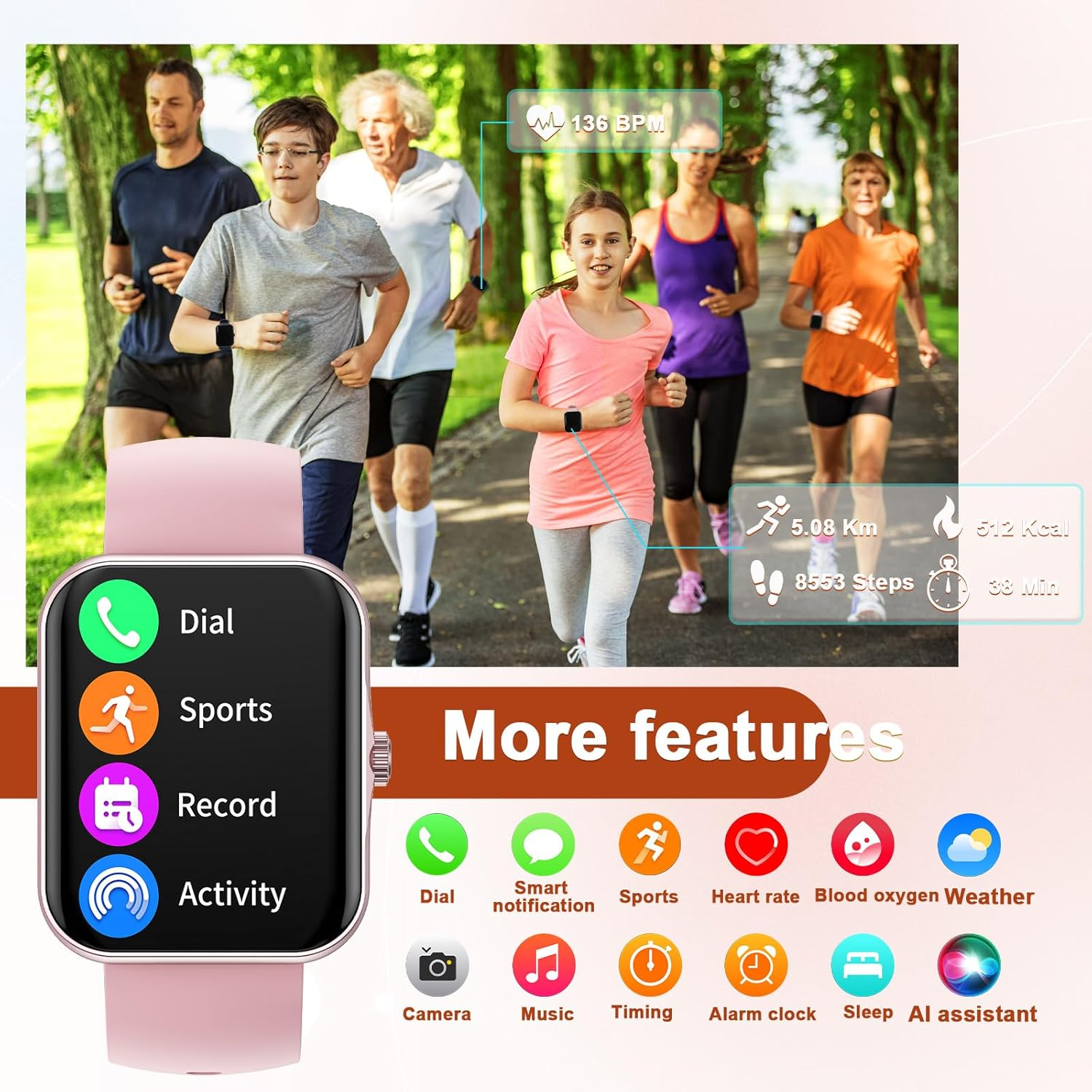 Smart Fitness Tracker Watch for Childrens, Kids Cute Sport Smartwatch with Heart Rate Blood Oxygen 37 Exercise Modes Step Counter Phone Calls Siri Recall App Notifications Music Calculator Alarms Pink image number 1