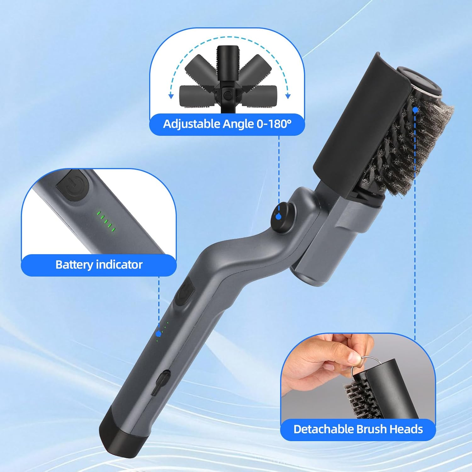 Upgraded Electric Grill Brush, Cordless Rechargeable Grill Cleaning Brush with Adjustable Angle, Stainless Steel Brush Head, 3-Speed Power, 90-Min Runtime, Waterproof Cleaner for BBQ Grates (Gray) - Black image number 7