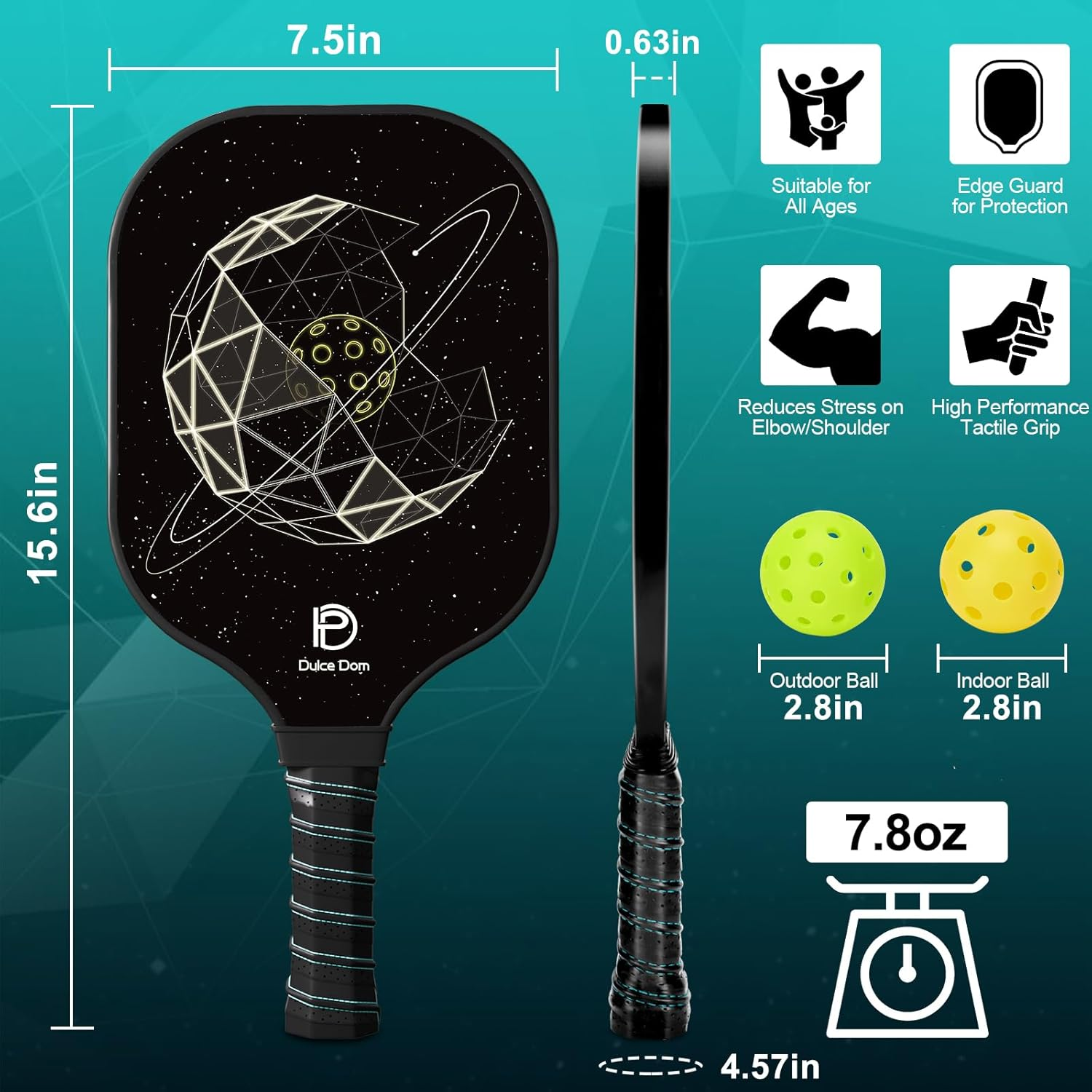 DULCE DOM Pickleball Paddles Set of 2/4, 4 Indoor Outdoor Pickleball Balls, Fiberglass Surface Paddle Racket with Cover Bag Training Equipment for Men Women - Starry Sky image number 5