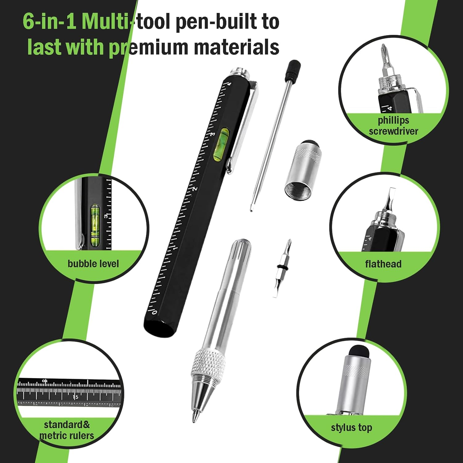 Zvorgath Multitool Pen Set - 6 in 1 Touchscreen Stylus, Ruler, Level, Screwdriver Set, Ballpoint Pen, Elegant Gifts for Men, Dad, Husband, Grandpa, Teacher (Black) image number 5
