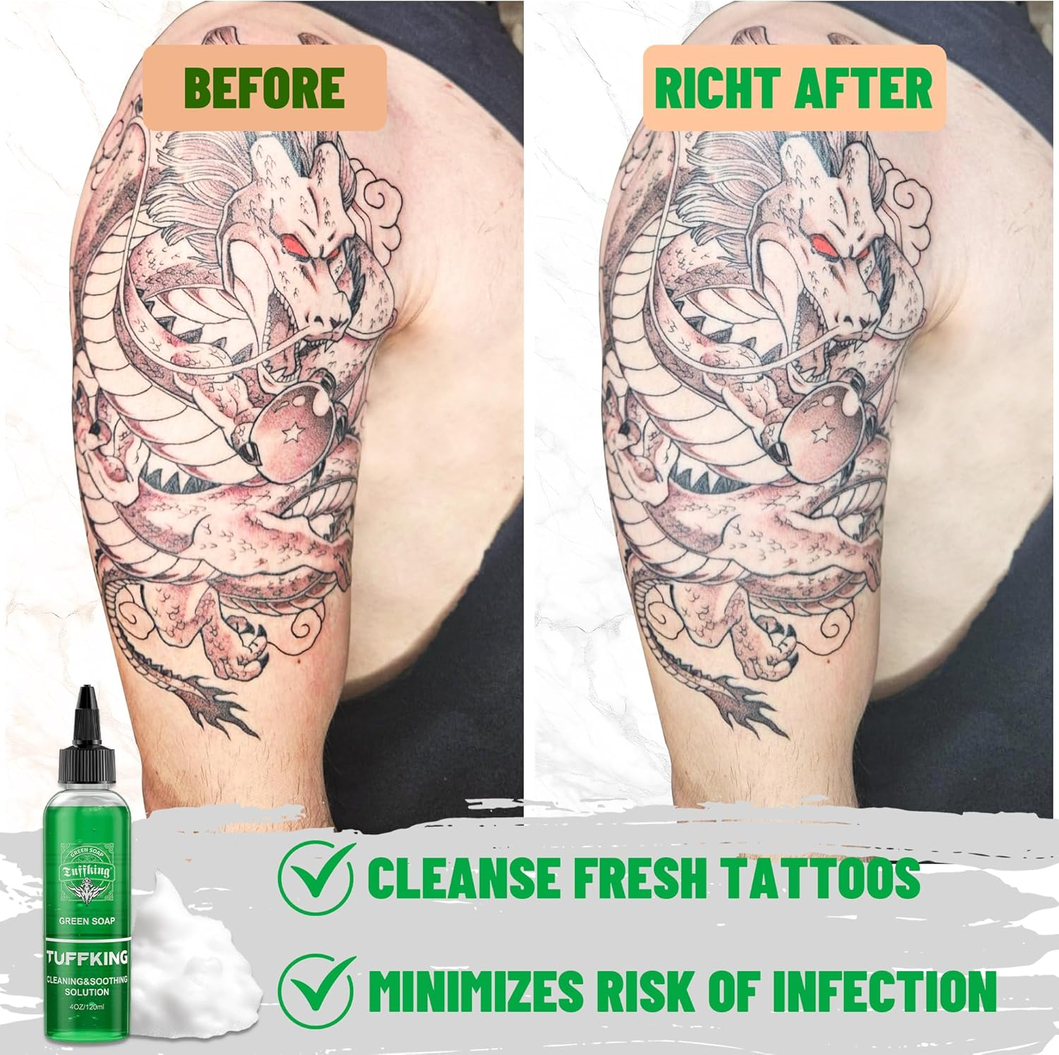 Tuffking Green Tattoo Soap 4OZ with Foaming Bottle 120Ml,Tattoos Green Soap,Tattoo Supplies for during Tattooing Clean Skin Equipment image number 1