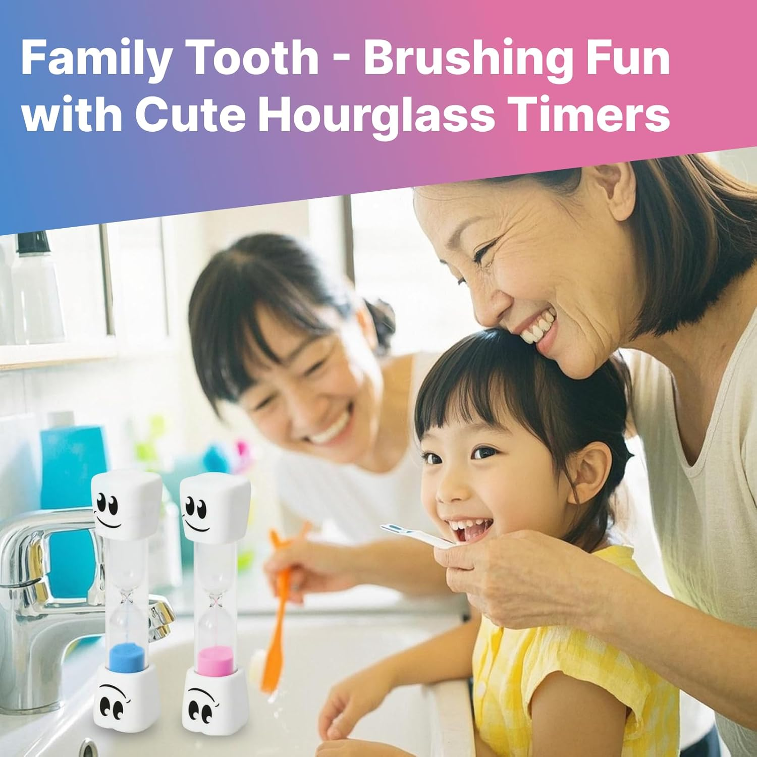 Pack of 2 Colorful 2 Minute Toothbrush Sand Timer Set for Kids, Blue and Pink Smiling Face Hourglass Timers for Dental Hygiene and Time Management, Promotes Dental Hygiene and Time Management