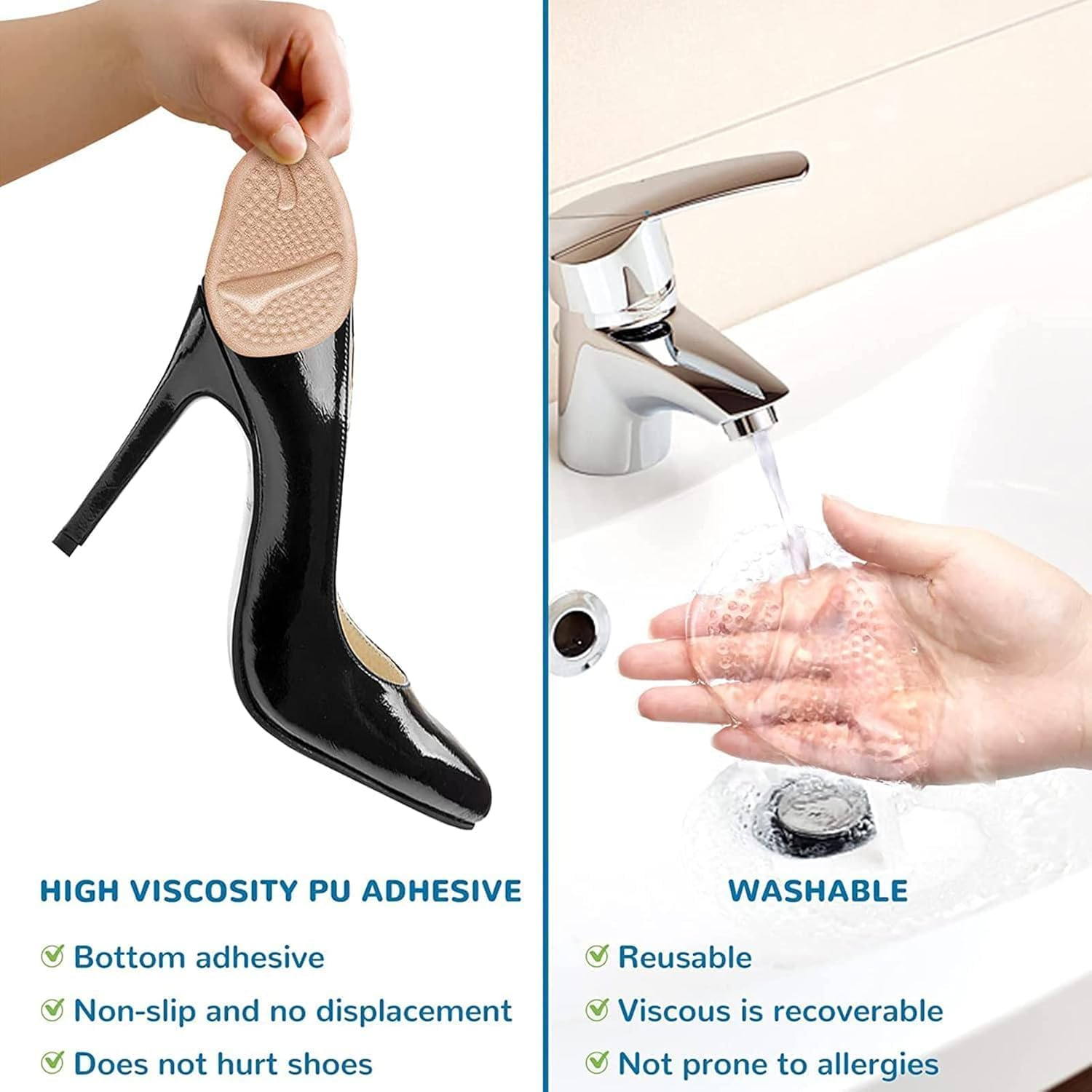 LLCFA 2 Pairs Reusable Anti-Slip High Heel Cushion Inserts Pads - Blister Prevention Foot Insoles for Loose/Oversized Shoes, One Size Fits All