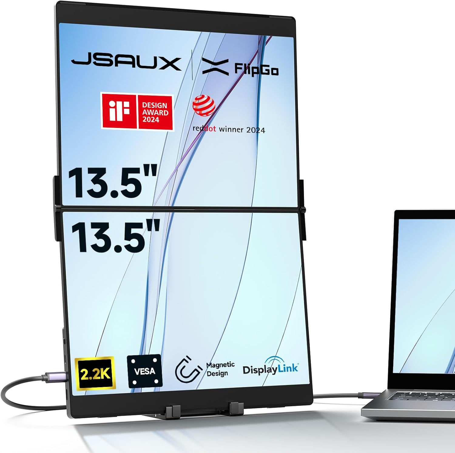 JSAUX Flipgo 13.5" Pro 2.2K Dual Screen Portable Monitor, Triple Laptop Screen Extender | Displaylink | Hidpi | One Cable to Dual IPS Screen | Built-In HUB | Magnetic Design for Windows, Linux, Macos image number 1