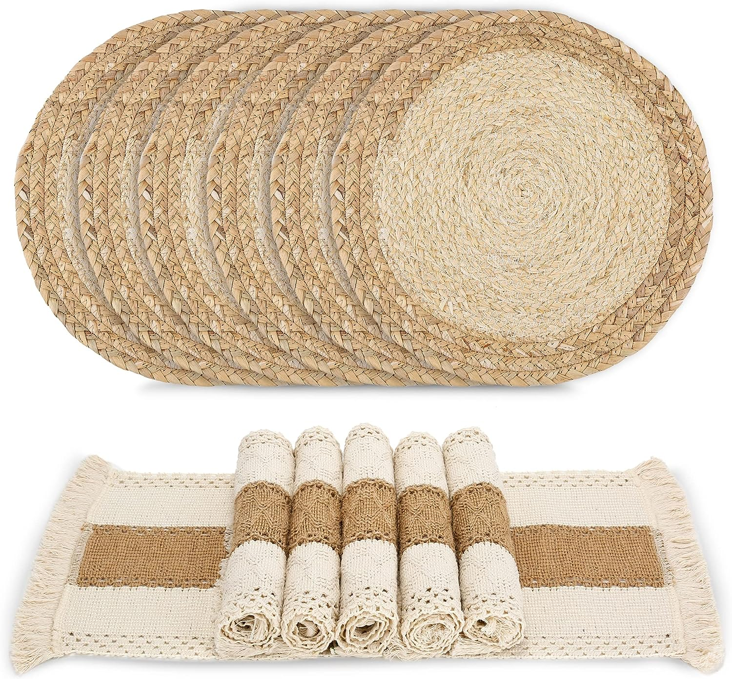 Handmade Boho Placemats Set of 6 - Natural Cotton Burlap and Water Straw Woven Combination Table Mats, Macrame D&eacute;cor and Farmhouse Style Placemats, for Dining Table Kitchen image number 2