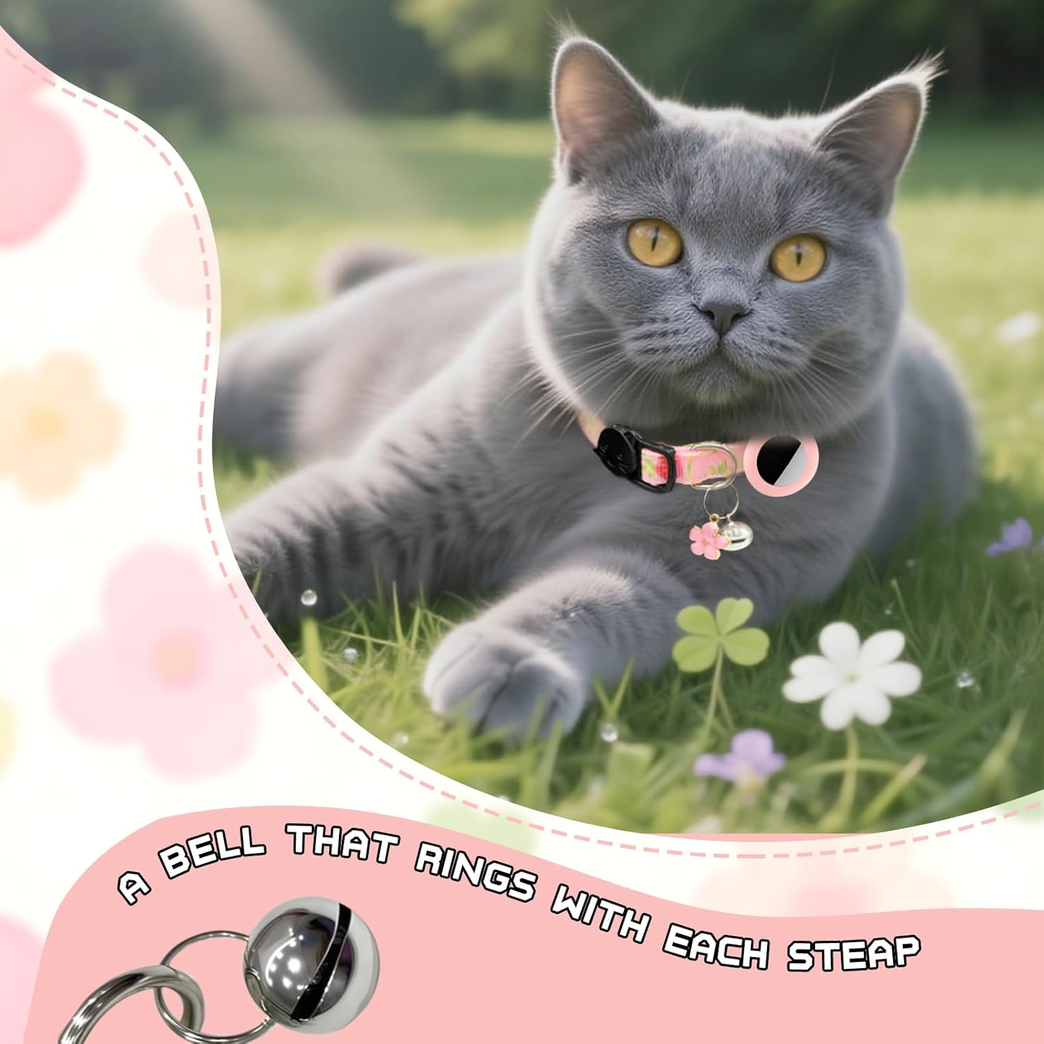 Floral Cat Collar with Bell, 1 Pack Adjustable Kitten Collar - Comfortable Safe Cat Collars for Cats and Kittens, Essential Cat Accessories for Daily Wear (Pink) image number 4