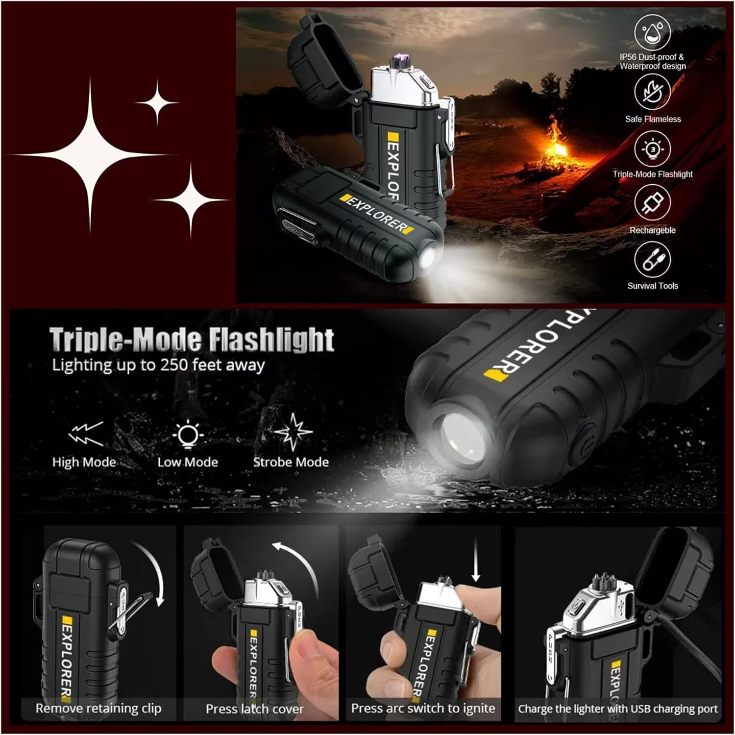Waterproof Flameless Electric Lighter- Rechargeable Flashlight -Dual Arc Plasma Lighter with Lanyard & Type-C Fast Charging/Windproof/No Butane/Ideal Lighter for Indoor and Outdoor image number 1