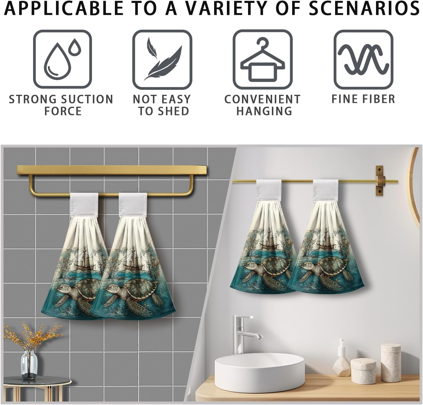 Cneztholim Sea Turtle Hanging Kitchen Towels Set of 2 Summer Ocean Turtle Hand Towel with Loop Coastal Tortoise Sailboats Hanging Dish Towels Absorbent Tie Towel for Bath Kitchen Home - Blue Coral image number 3