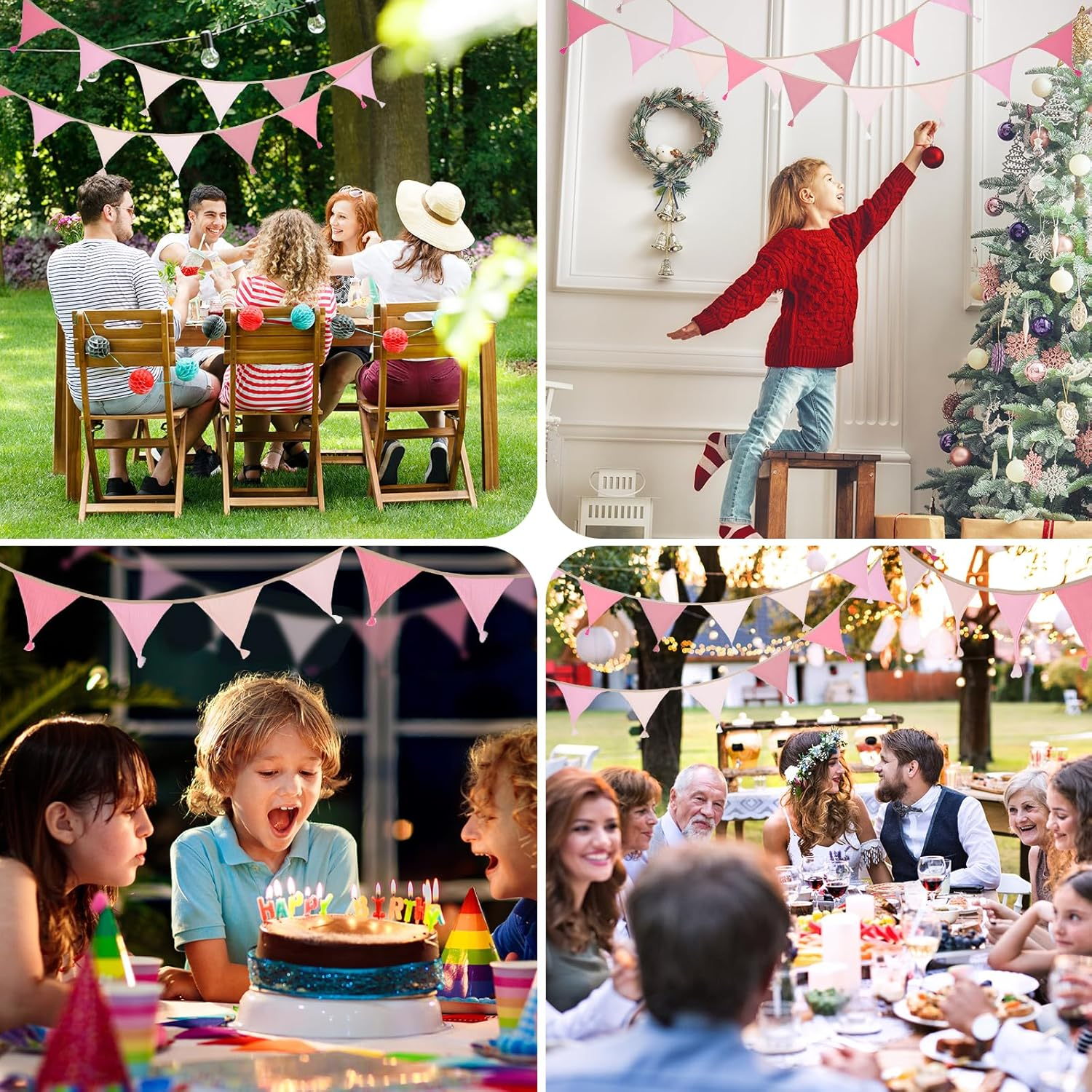 Children'S Room Bunting, Pink, 2.6 M Fabric Bunting Muslin with Tassels, Reusable Garland for Birthdays, Home, Camping image number 3