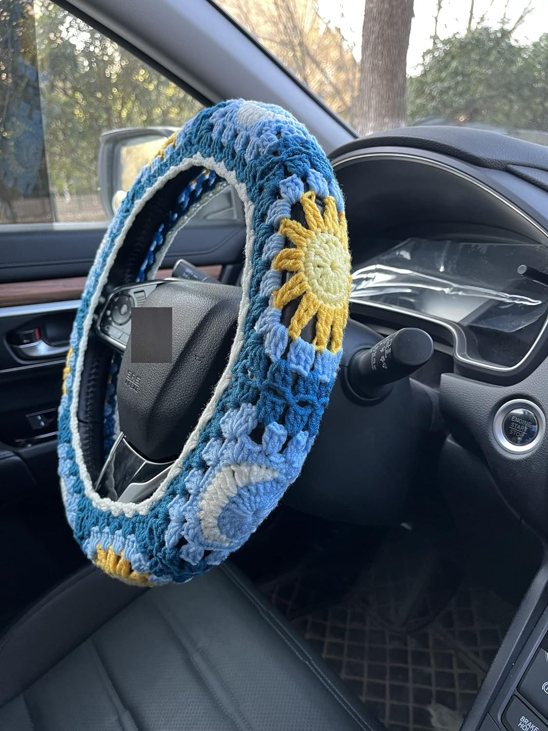 Handmade Crochet Sun and Moon Car Steering Wheel Covers Universal 14-15 Inch for Women and Men (Steering Wheel Cover)