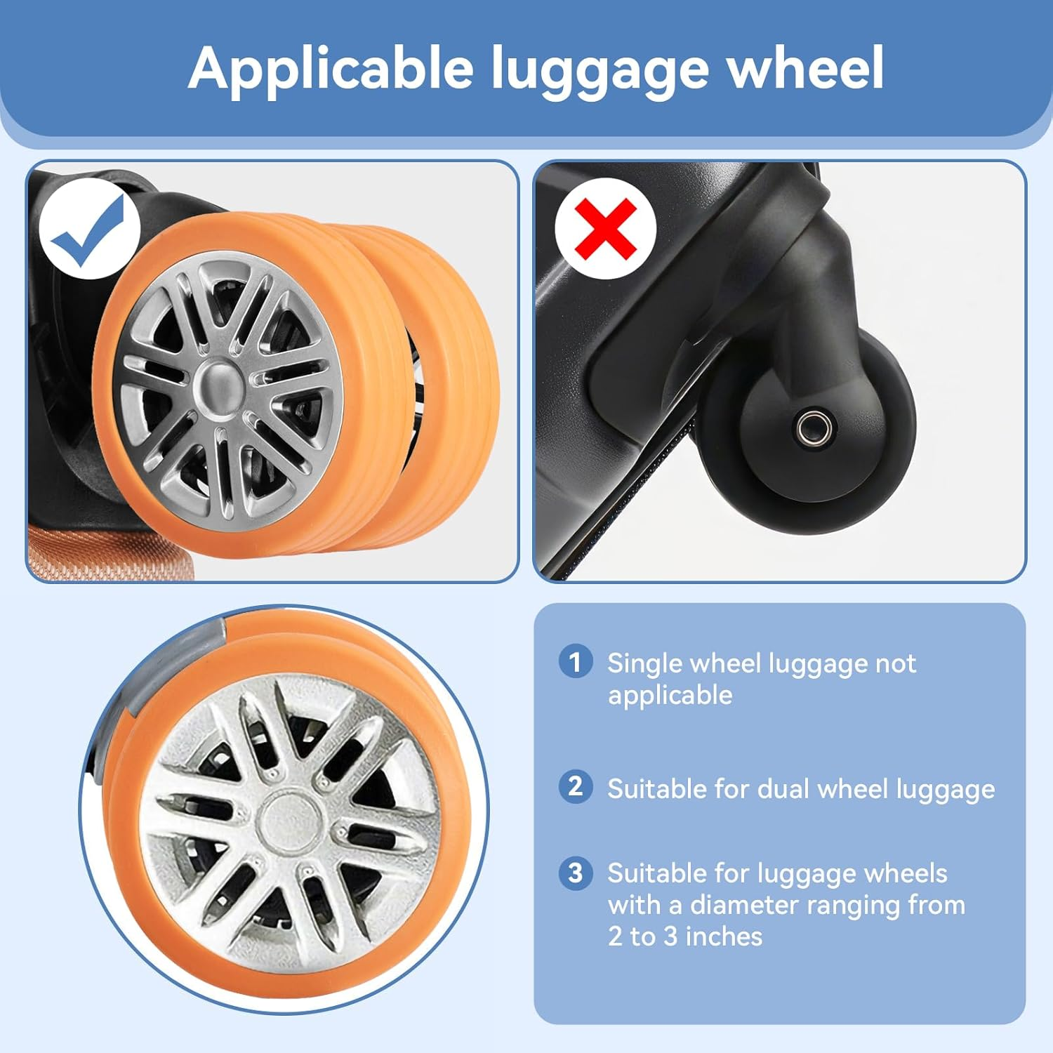 OKAMMY Luggage Wheels Protection Silicone Suitcase Cover - Noise Cancelling Travel Bag Rolling Wheels - Reliable Travel Suitcase Wheel Cover - Durable Tyre Protective Covers for Luggage Bags - 8Pcs image number 6