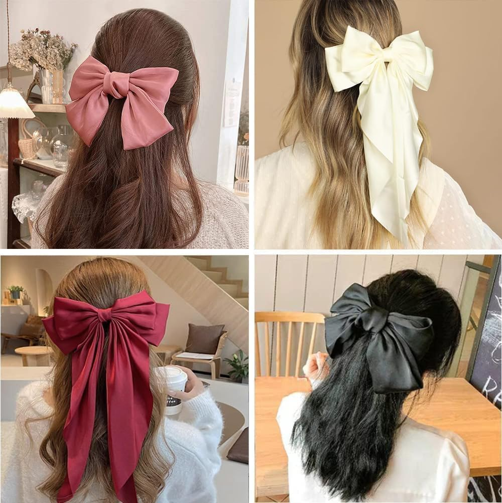 12Pcs Big Bow Barrettes with Long Silky Satin Tail, Large Hair Bow Clips for Women, Girls, Adult Teens - Hair Accessories image number 6