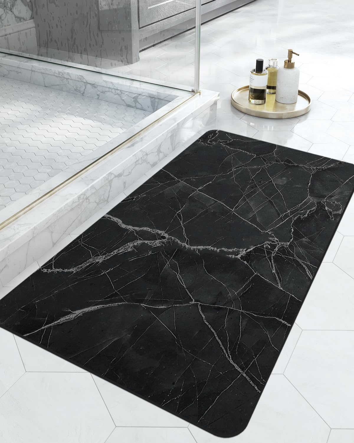 DEXI Bath Rug-Rubber Non-Slip Quick Dry Bathroom Rugs, Super Absorbent Thin Bath Mat, Washable Bathroom Floor Mats for in Front of Bathtub, Shower Room, Sink, 17"X32", Black image number 4