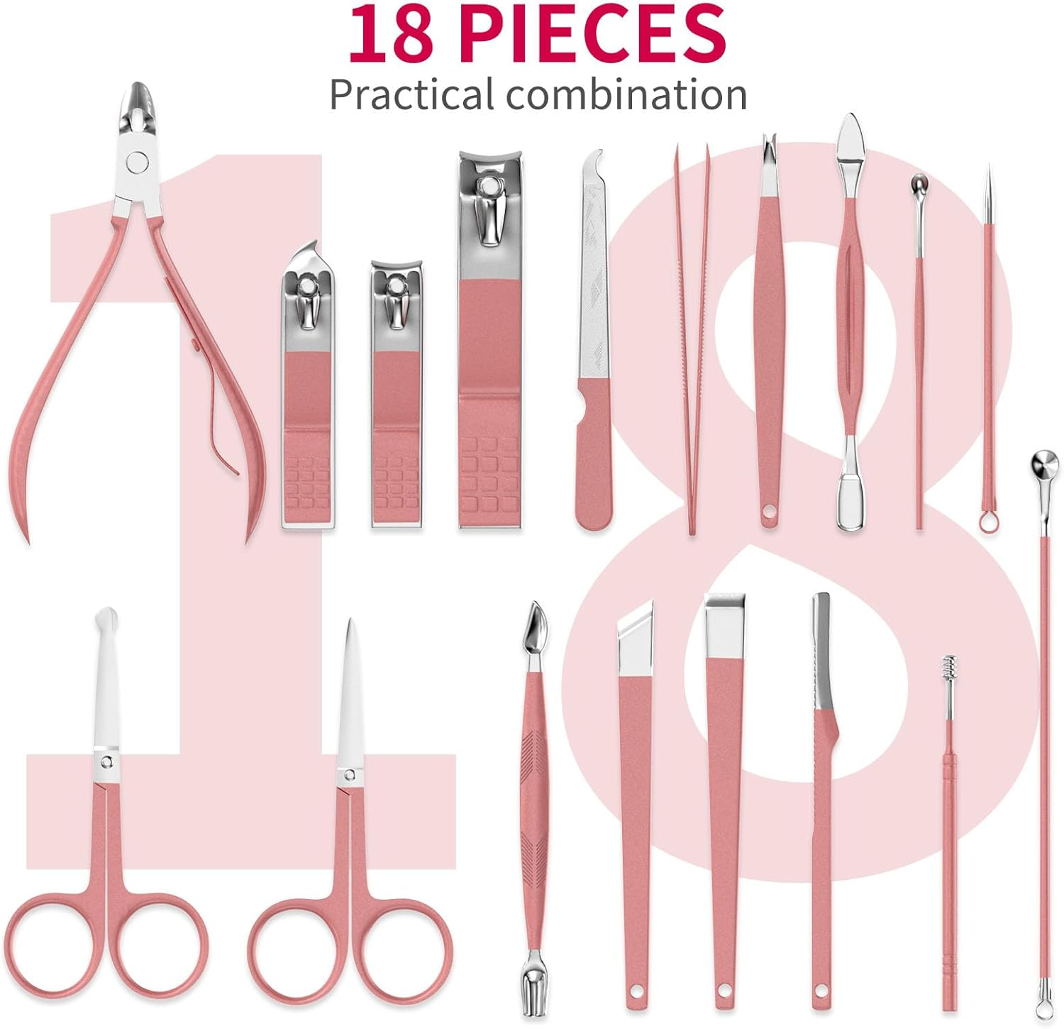 ZIZZON Manicure Set 18 in 1 Professional Pedicure Set Nail Scissors Grooming Kit with Leather Travel Case Pink image number 2
