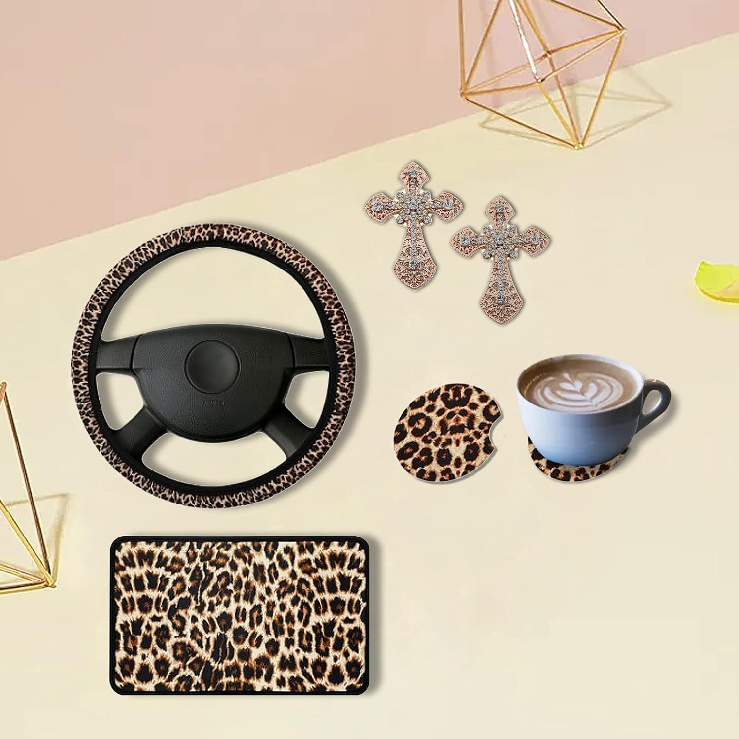 Aulufft 23 PCS Leapord Print Car Assecories, Include Seat Cover Leopard Steering Wheel Cover, Central Control Armrest Pad, Car Coasters and Keychain Holder, Headrest Covers, Ventilation Hole Decor image number 6