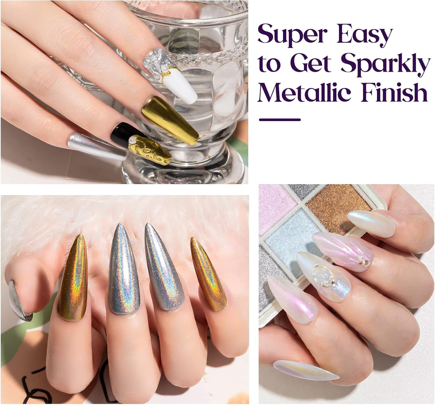 MIZHSE Pearl Chrome Nail Powder for Nails Iridescent Mermaid Glitter Powder, Holographic Solid Pigment Aurora Gold Silver Mirror Powder Nail Art(6 in 1) image number 3