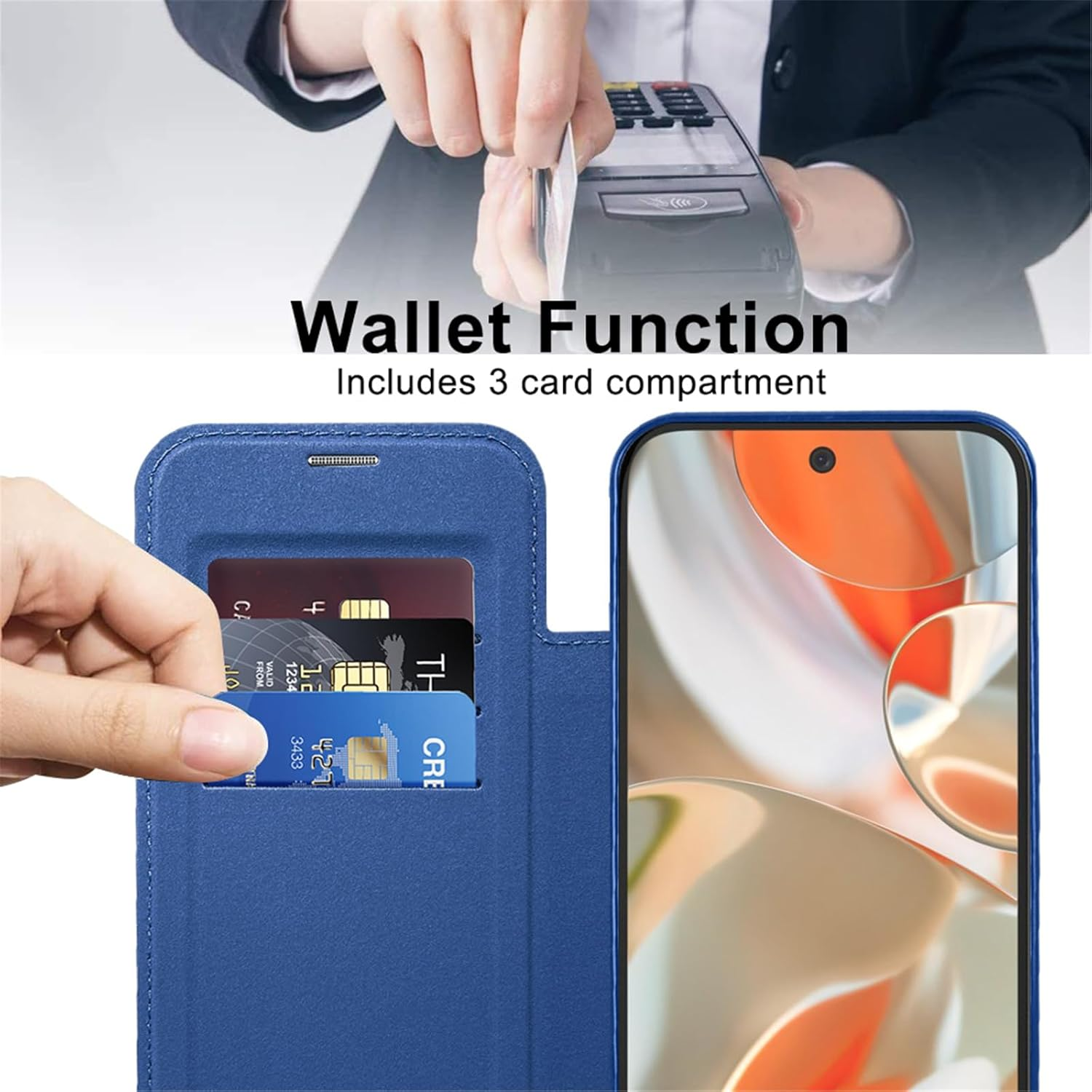 IMEIKONST Magnetic Case for Google Pixel 9 Pro XL Compatible with Magsafe, Premium PU Leather Flip Card Holder Clear Shockproof Protective Mobile Phone Case for Google Pixel 9 Pro XL Dark Blue JDCX image number 1