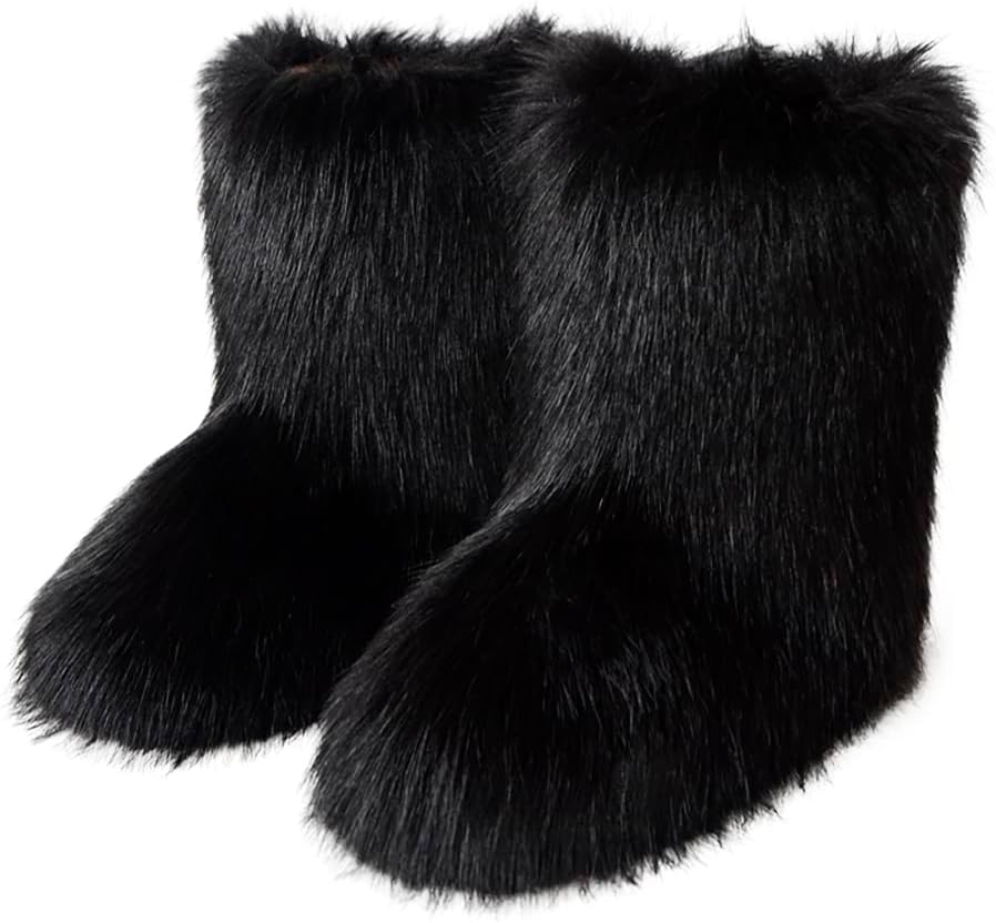 Eosxrp Furry Faux Fur Boots Women'S Winter Shoes Woman Fluffy Warm Snow Boots Mid-Calf Comfortable Outdoor Flat