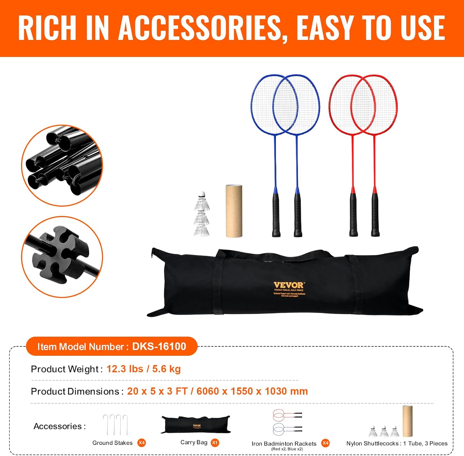 VEVOR Badminton Net, Height Adjustable Volleyball Net, 20Ft Wide Foldable Pickleball Net, Portable Tennis Net Set with Poles, Stand, Bag, Rackets, Nylon Shuttlecocks, Kid Backyard Indoor Outdoor Use