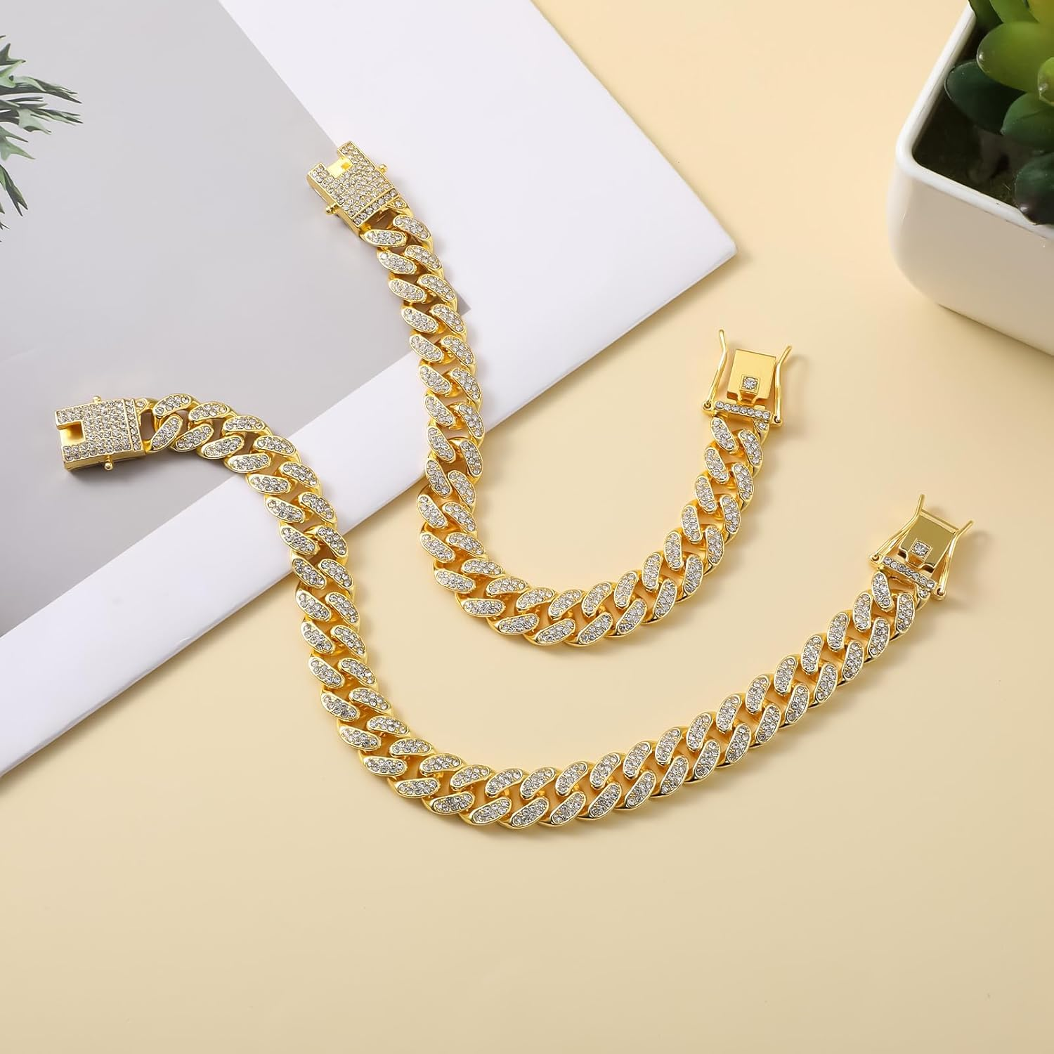 Gold Dog Chain Collar Diamond Cuban Link Dog Collar, 16Mm Wide Dog Necklace Metal Cat Chain Pet Crystal Collar Jewelry Accessories with Design Secure Buckle for Small Medium Large Dogs Cats(10Inch)