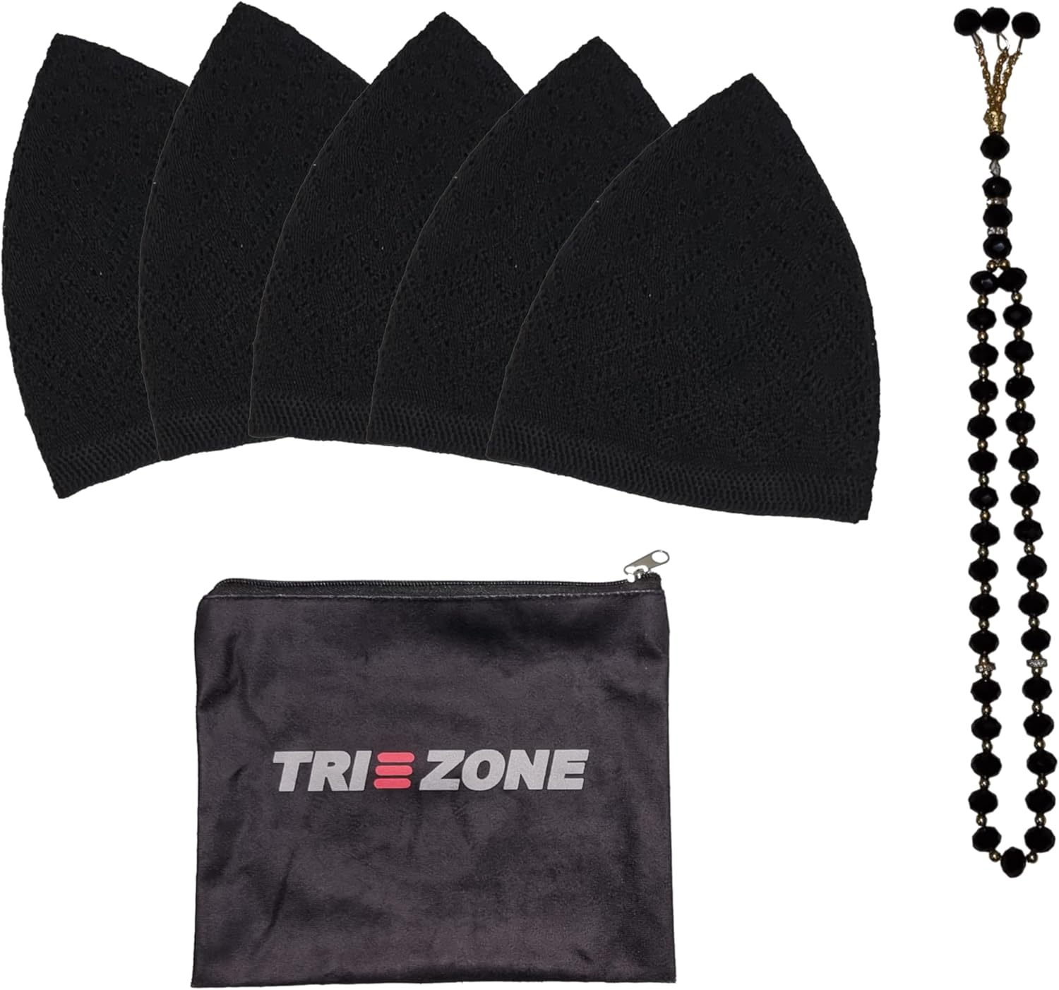 TRI ZONE Kufi Hats for Men, Muslim Prayer Cap, Breathable Taqiyah, Knitting Namaz Topi, Skull Kufe Hat, Islamic Ramadan Eid Gift, Set of 5 Caps with Tasbih