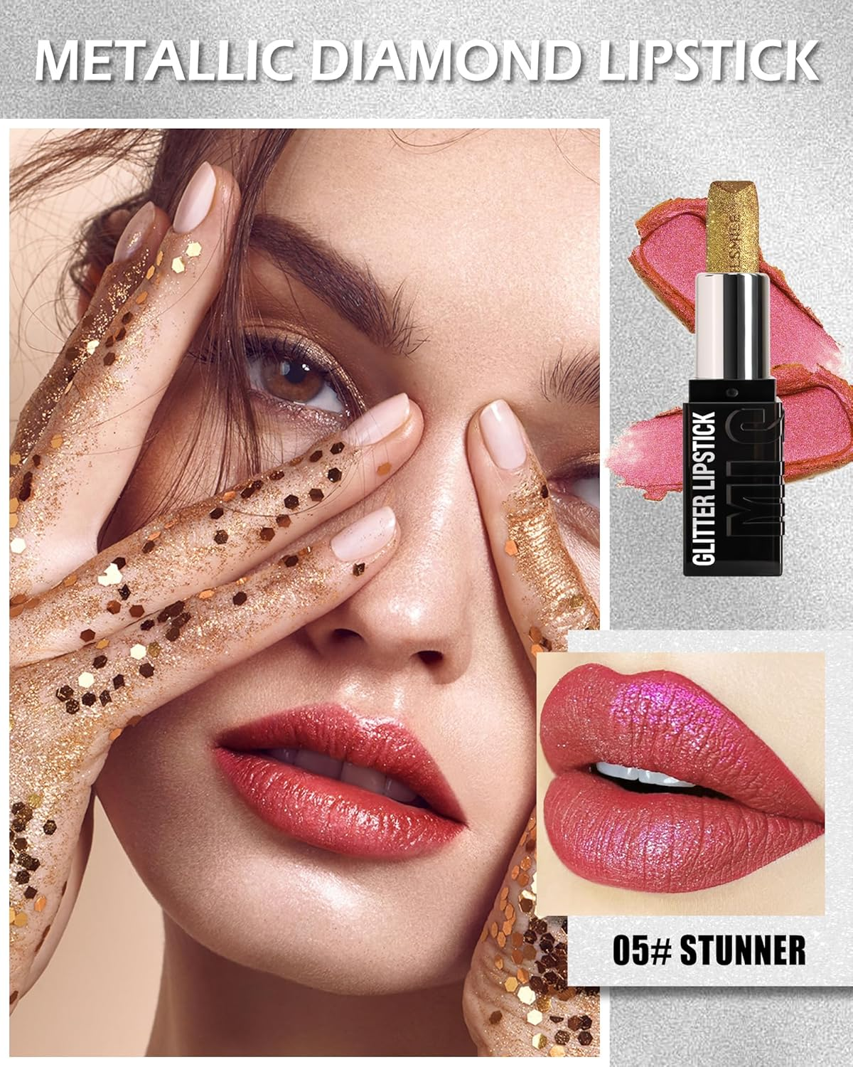 Glitter Lipstick Red, Spark Lipstick, Lipstick Rose, Diamond Lip Gloss Waterproof Durable, Emergency Stick Cup Tinted Lip Balm, Make-Up 24 Hours Hold, Mother'S Day Cosmetic Gift for Women C25