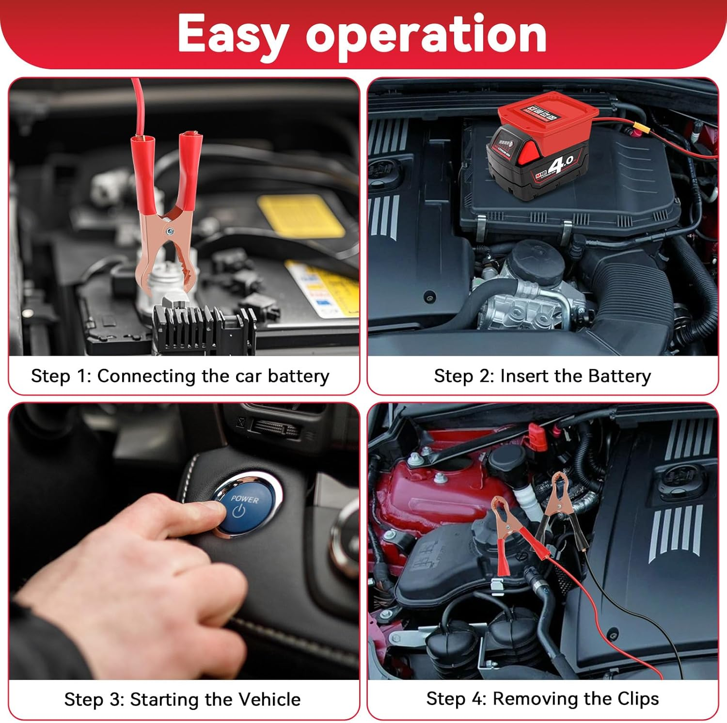 Car Jumper Cables for Milwaukee 18V M18 Batteries Car Jump Starter with Adapter Charger Cigarette Lighter Alligator Clip Fuse for Jump Starting Dead or Weak Cars Batteries (122CM) image number 2