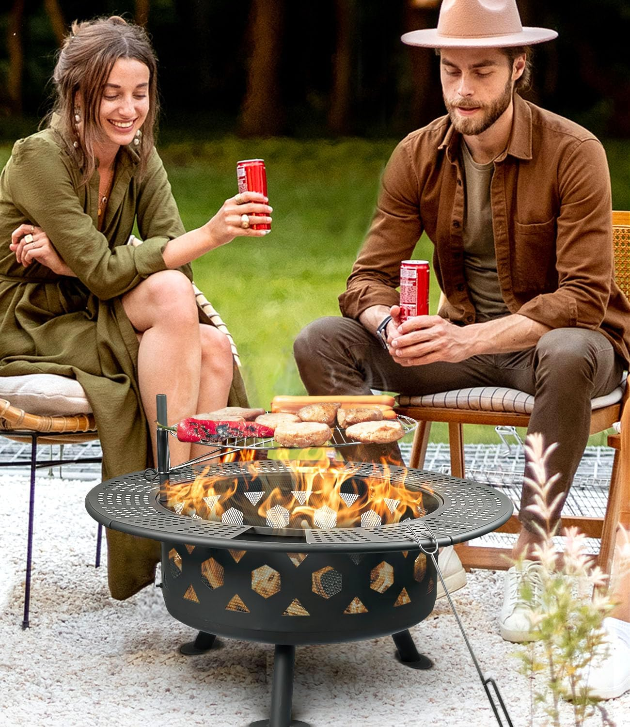 Bettermade 32 Inch Outdoor Fire Pit, 2-In-One Large Camping Fire Pits for outside with Cooking Grill and Fire Poker, Wood Burning Firepit for Bbq,Warm Up, Patio, Bonfire, Camping, Picnic. image number 2