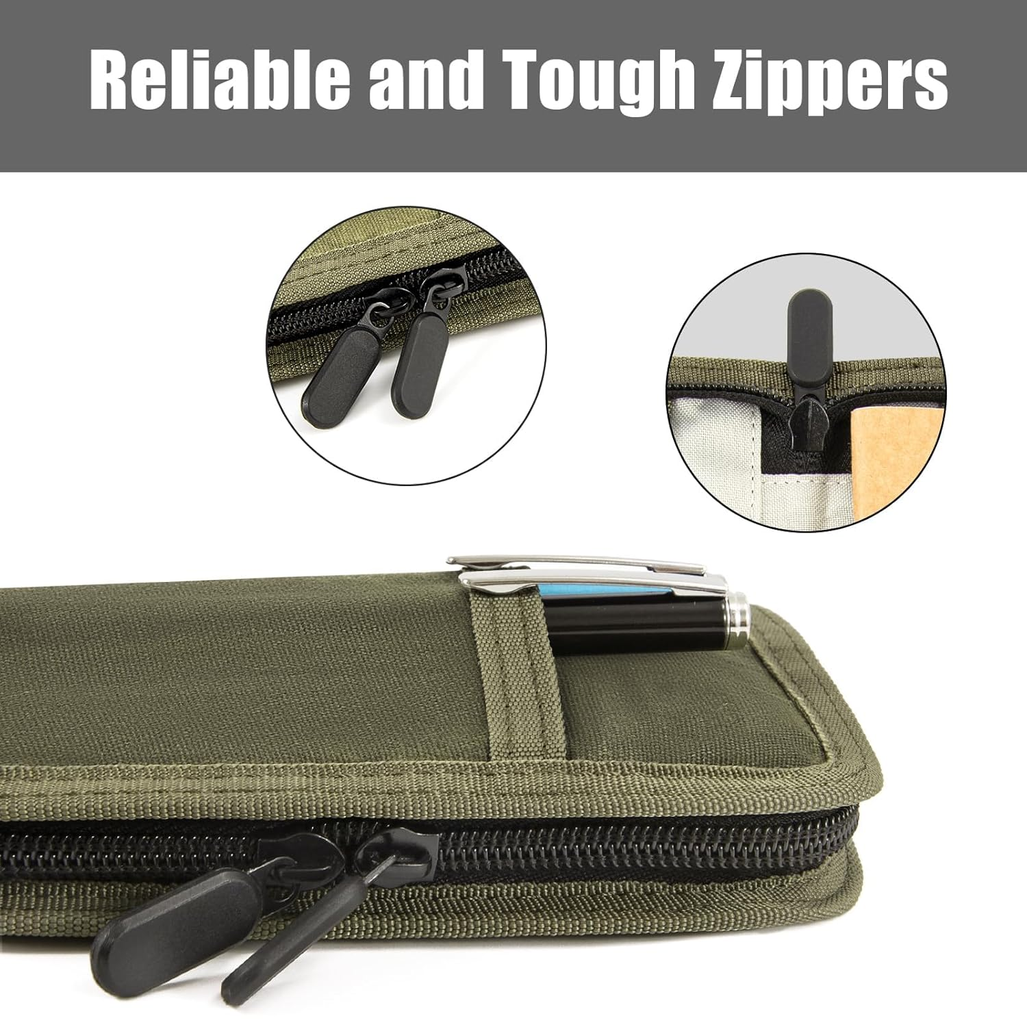 HDBHBH Field Notes Cover for 3.5 X 5.5 Notebooks, Waxed Canvas Journal Cover with Zipper Pen Holder &ndash; Fits Moleskine Cahier & Field Notes, Water Resistant Pocket Planner Cover (Army Green) image number 4