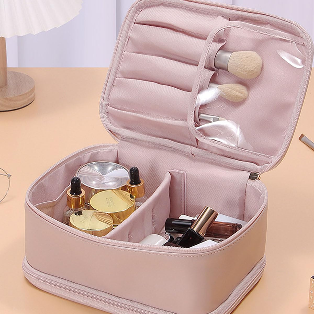 PU Large Capacity Travel Cosmetic Bag Women'S Double Layer Makeup Multifunctional Jewelry Box Skincare Storage (Pink) - Brown image number 4