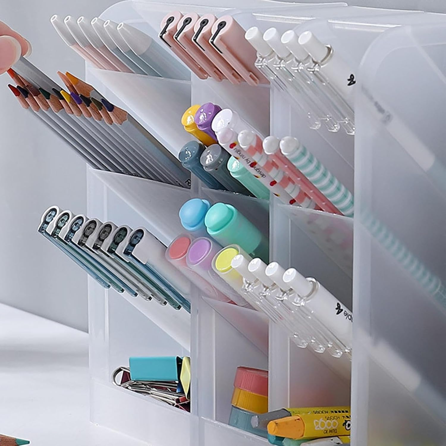 Pen Organizer | Pencil Holder | Desk Supplies Organisers | Art Marker Storage Rack | Watercolour Brushes Stand | Translucent Slanted Pen Storage | Mesh Desk Tidy for School and Office | Desk Organizer