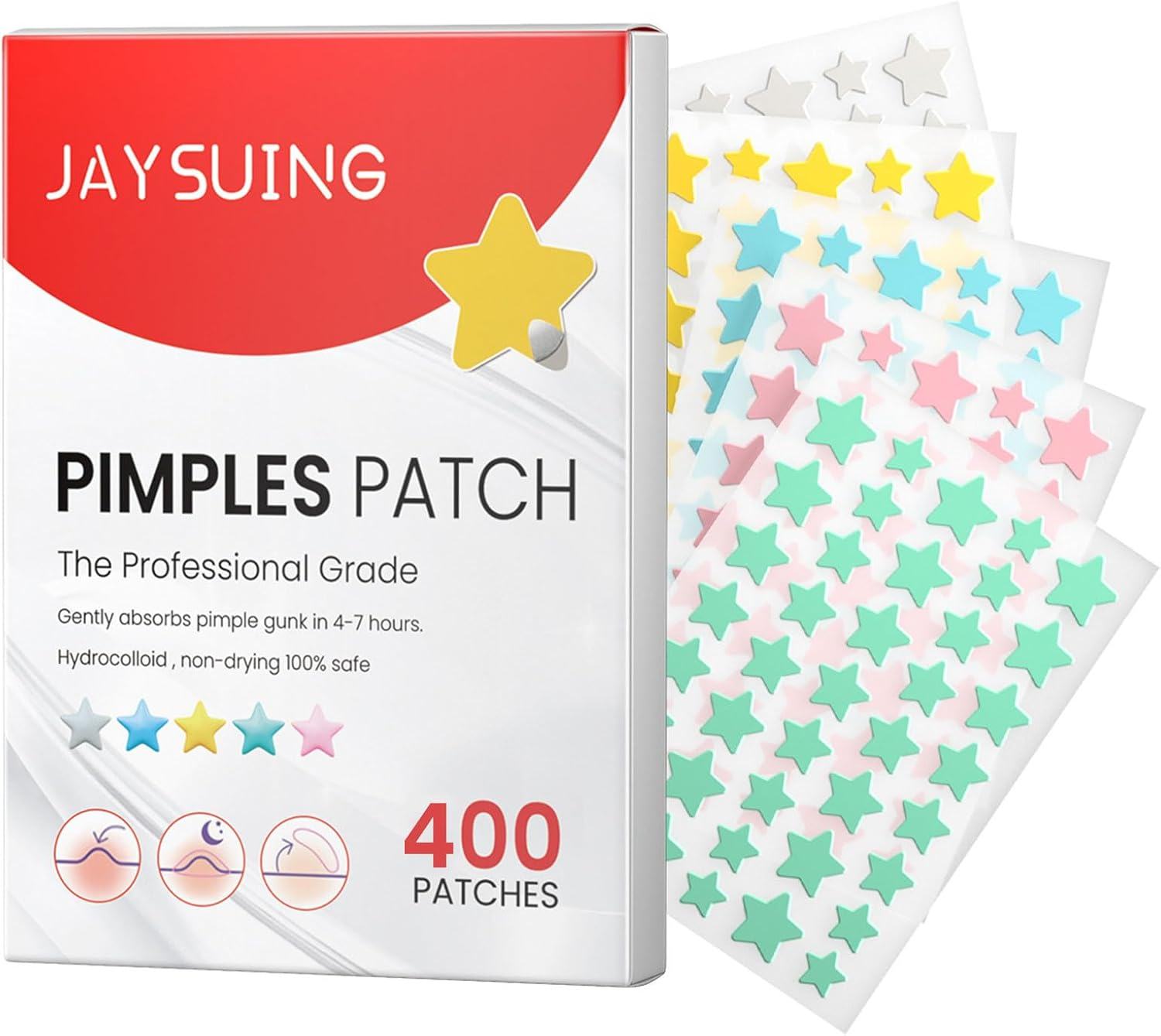 CTOUUGRS Pimple Patches for Face Hydrocolloid Patch Acne Patches Professional 400 Pcs 5 Colors&Sizes(8,10,12,14,16Mm) Starface Pimple Patches Matches Different Size Cute Star Spot Stickers Invisible Zit Absorbing Covering Tea Tree image number 4