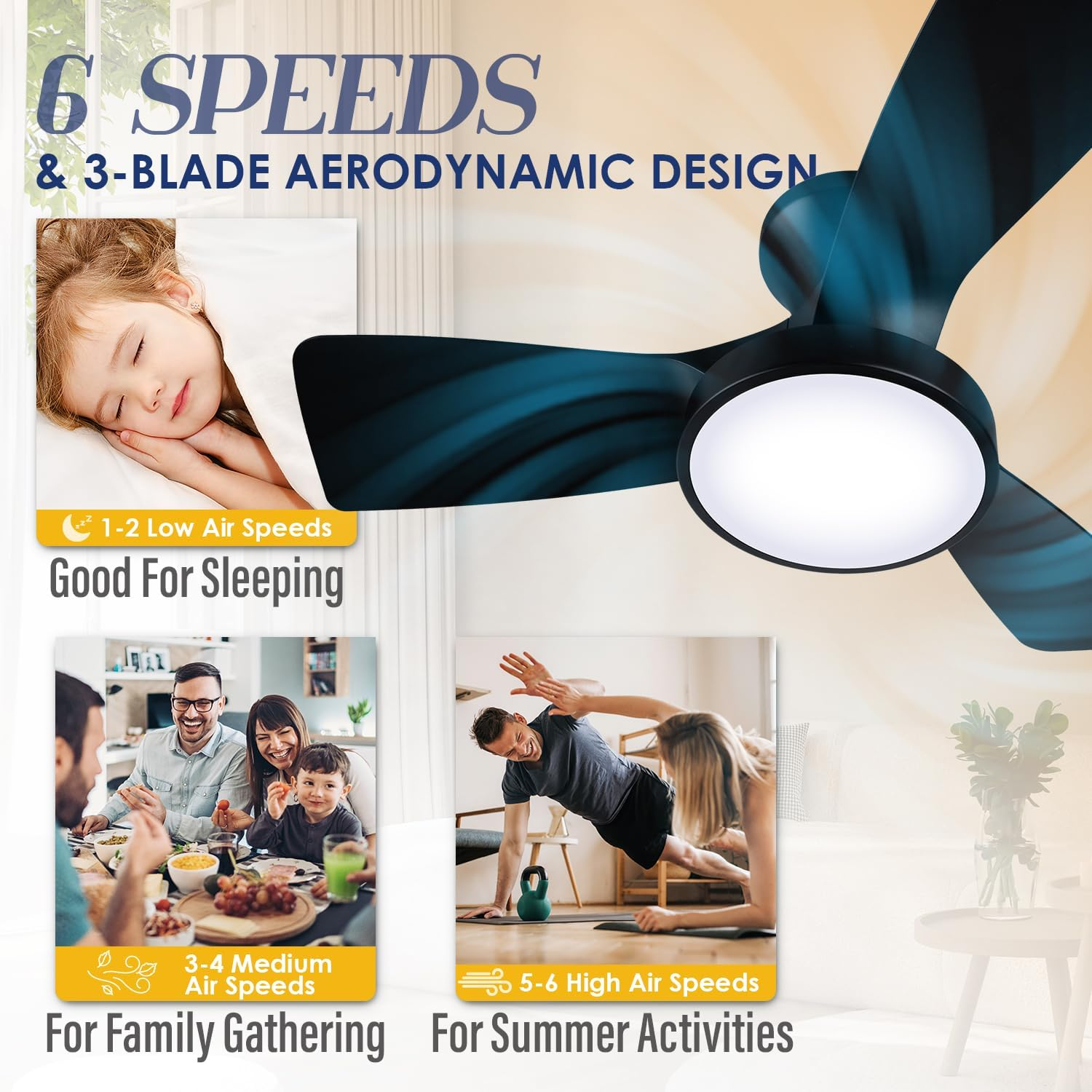 Soilsiu Ceiling Fans with Lights Remote, 32 Inch Low Profile Ceiling Fan with 3 Colors and 6 Speeds Options, 3 Blades Fans Lamp for Ktichen Bedroom Dinning Room Patio(Black) image number 3