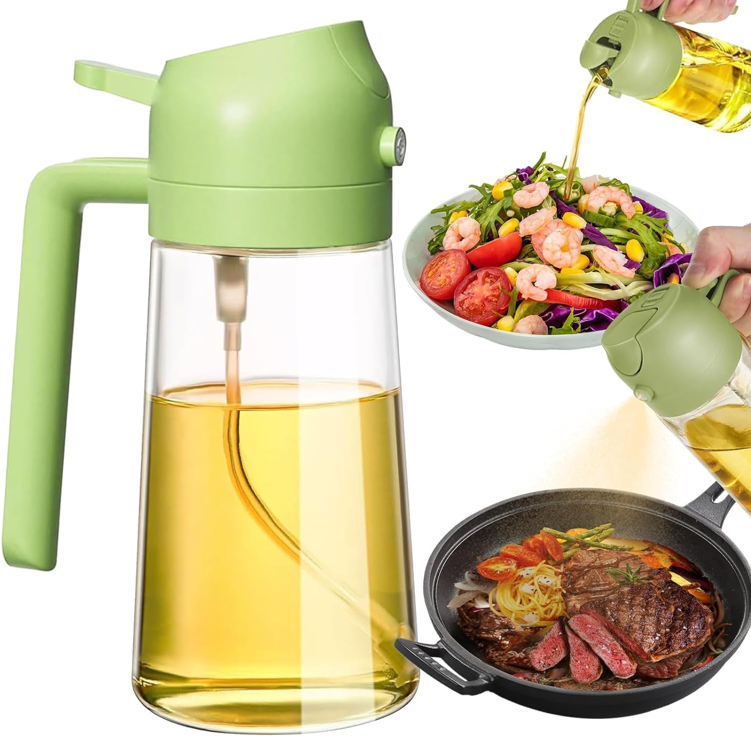 Mumoo Bear 16Oz/470Ml Olive Oil Dispenser - 2 in 1 Olive Oil Spray Bottle for Cooking, Kitchen Tools, Air Fryer, Salad, and BBQ - White