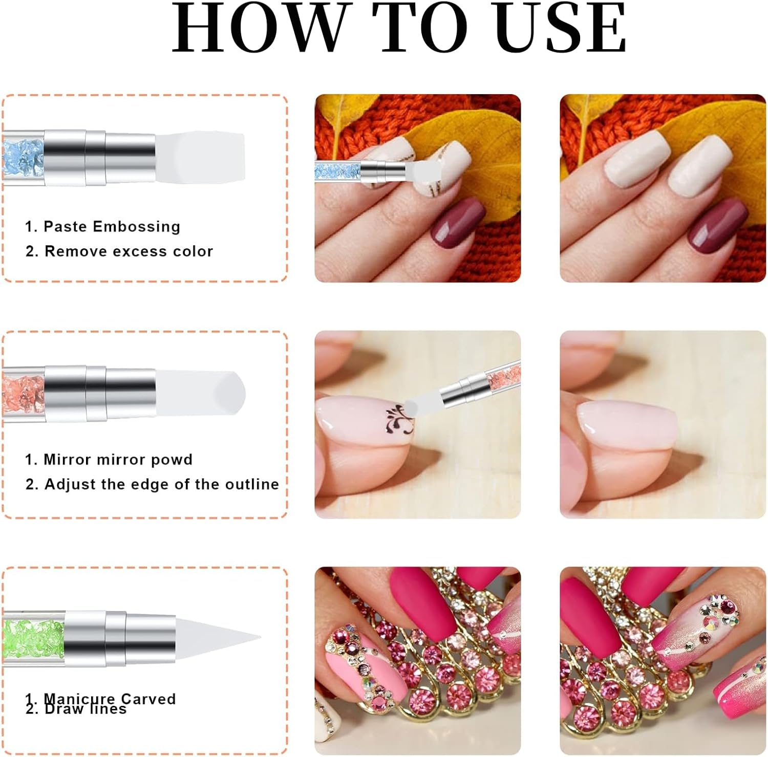 Nail Sculpture Pen, 5 PCS Dual Head Silicone Nail Brushes,Nail Polish Carving Pen for Chrome Powder, 3D Design & Stamping, Professional Nail Tools for Home Salon & DIY Beginners image number 1