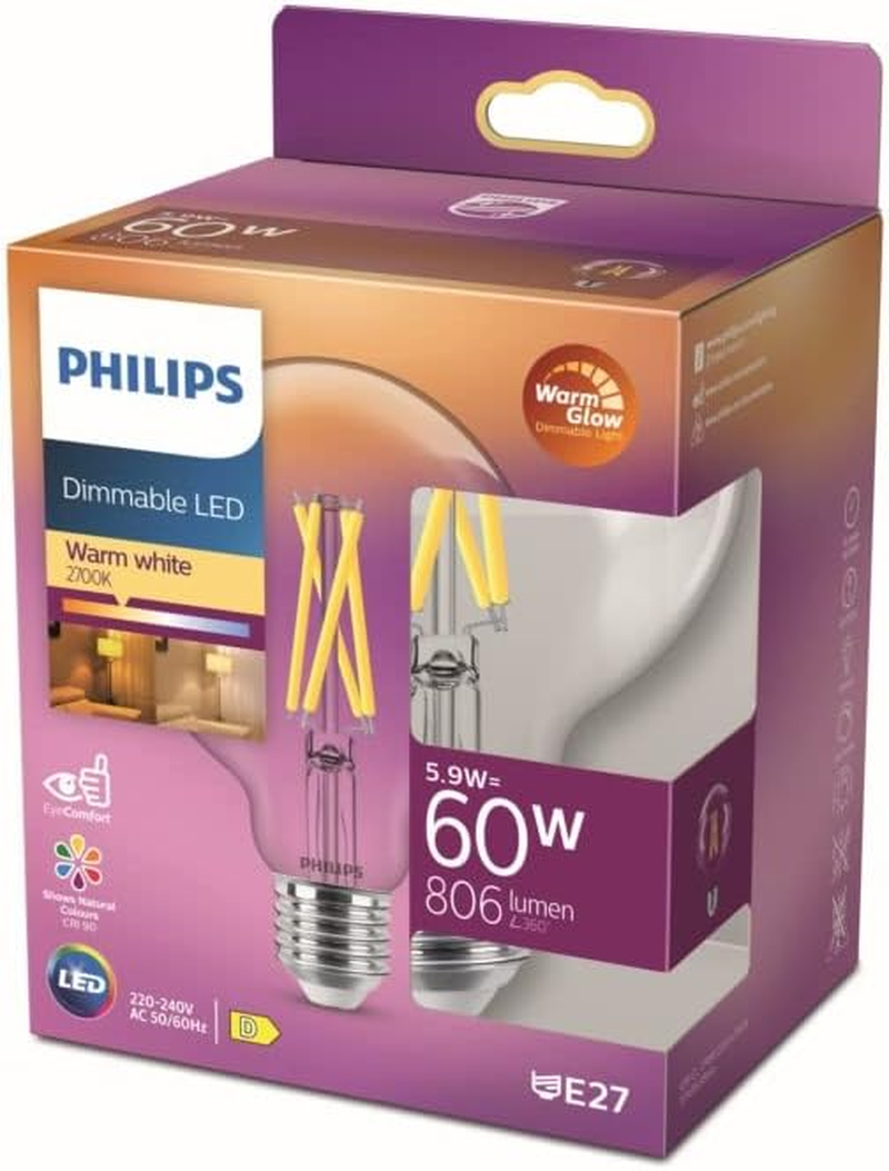 Philips LED Classic E27 Warmglow 60 W Globe Shape Dimmable Clear Warm White image number 1