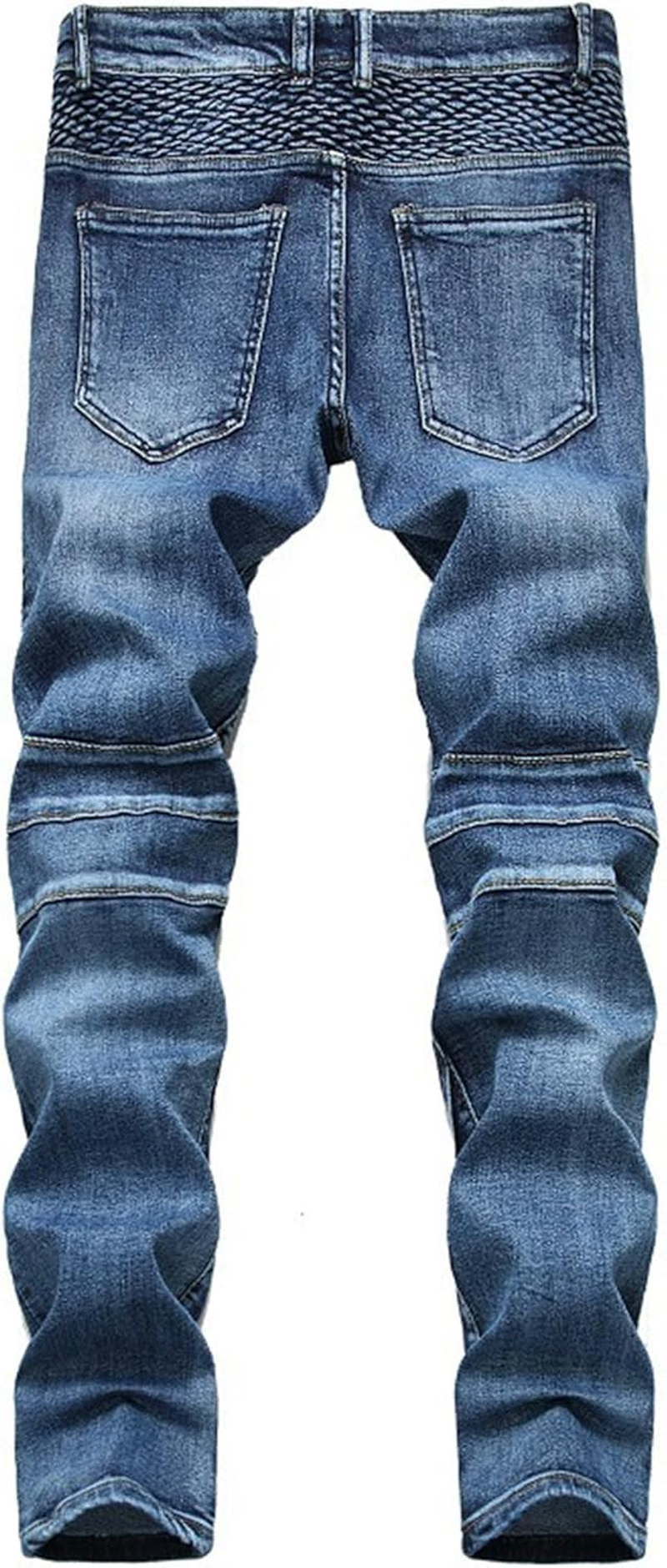 Men Daily Cycling Knee Denim Pants Vintage Slim Casual Motorcycle Jeans Y2K Classic Mid Rise Comfy Trousers, Blue, 32 image number 4