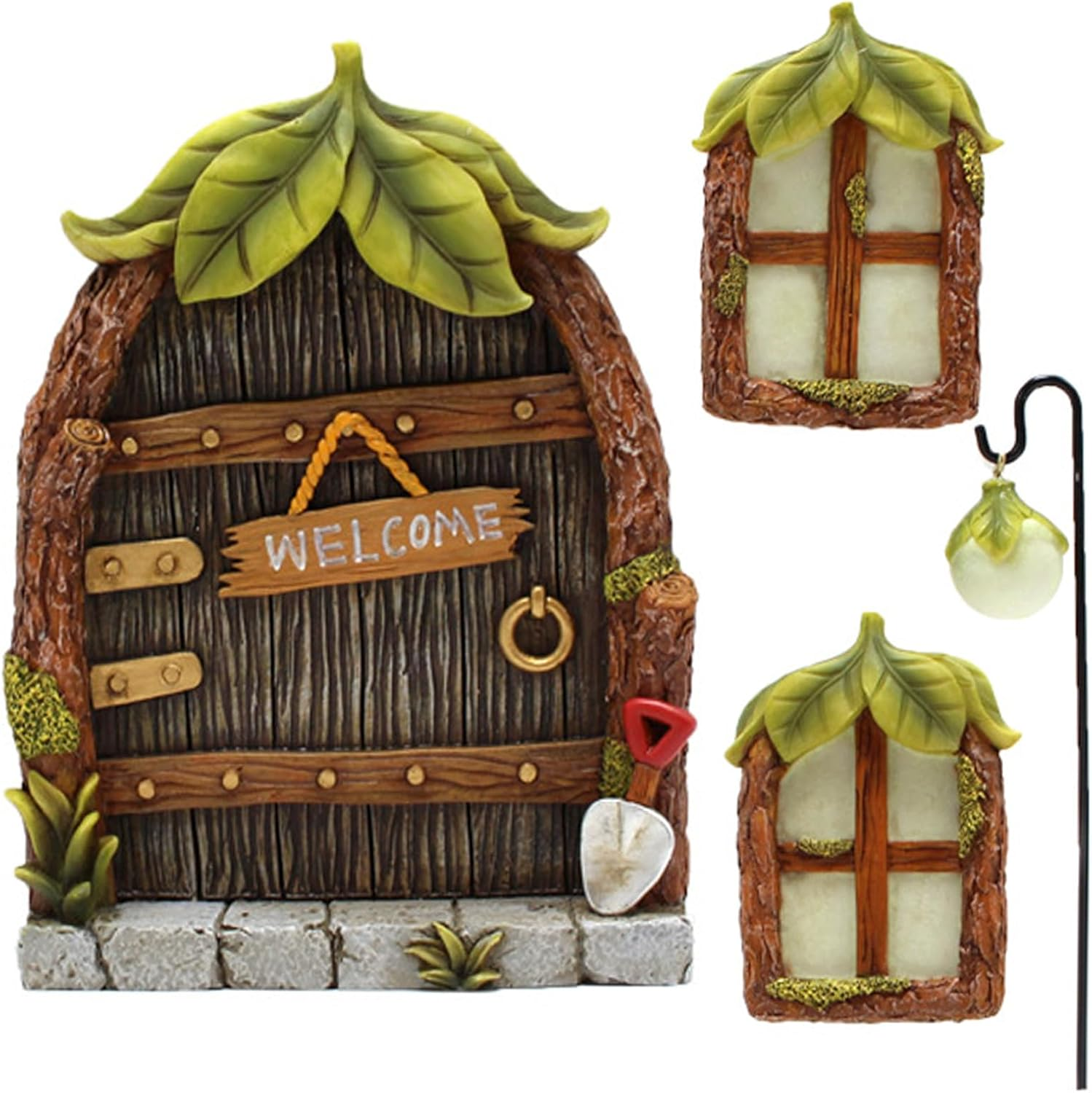 4PCS Fairy Door Decorations Kit, Fairy Door & Window Resin Set, Garden Miniature Fairy Tree Ornaments, Windows Glow in the Dark, Decoration Garden Lawn Ornament, Outdoor Decor Accessories (4) image number 1