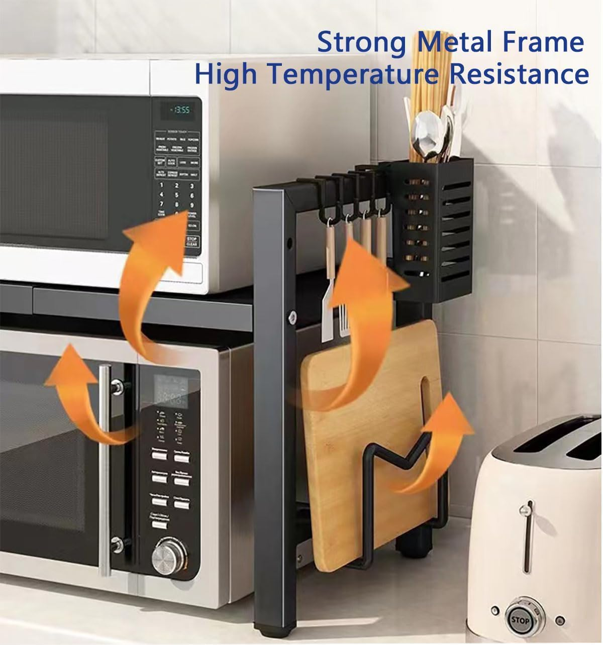 Expandable Microwave Rack for Kitchen Countertop - Carbon Steel Shelf with 6 Hooks, Knife Holder, Cutting Board & Chopstick Organizer, Space-Saving Storage (Double-Layer) image number 2